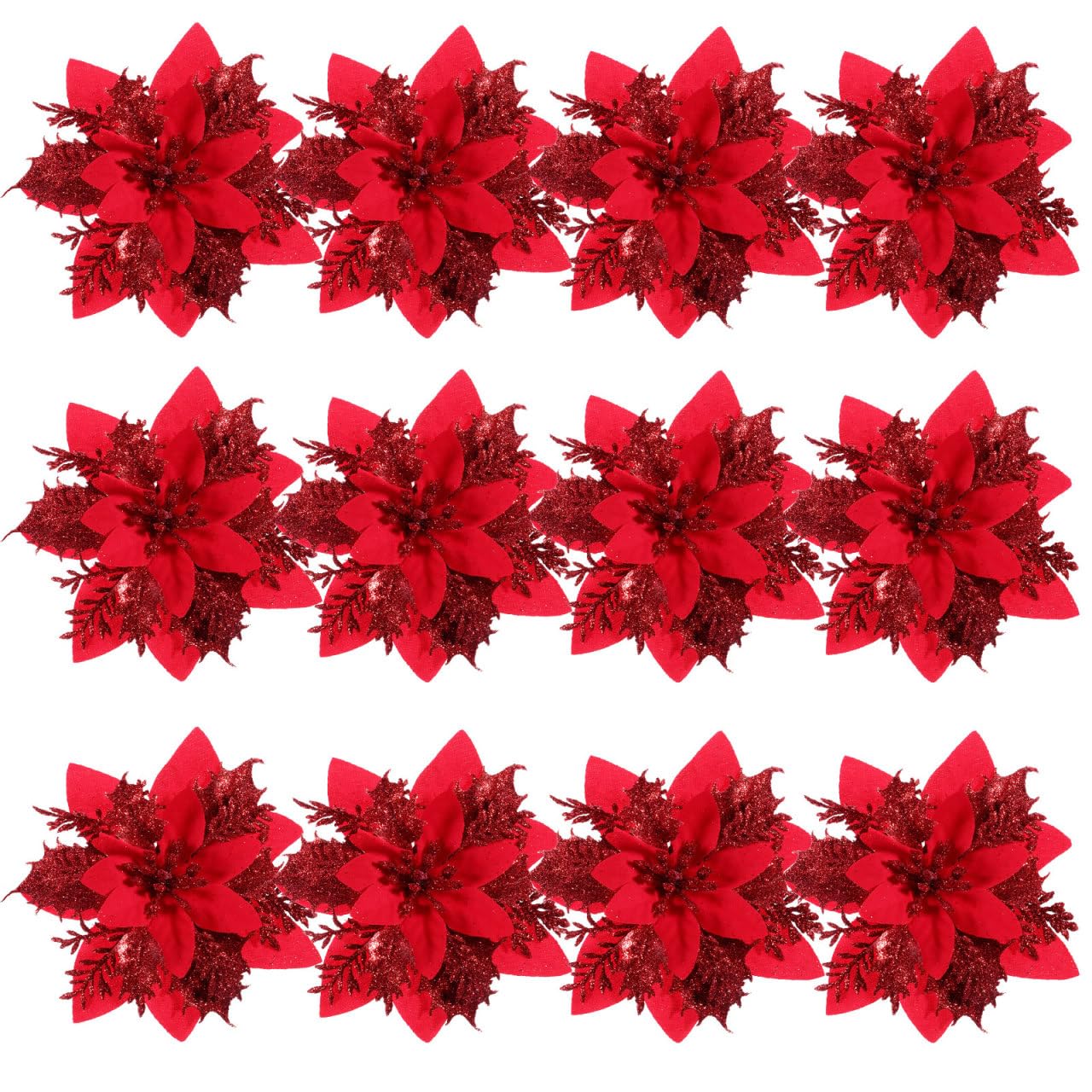 Operitacx Künstliche Weihnachtsblumen, Weihnachtssterne, Künstliche Weihnachtssterne, Weihnachtsdekorationen mit Clips, Kunstblumen-Picks für Weihnachtsbaumdekoration, Weihnachtskranz Und (Rot)