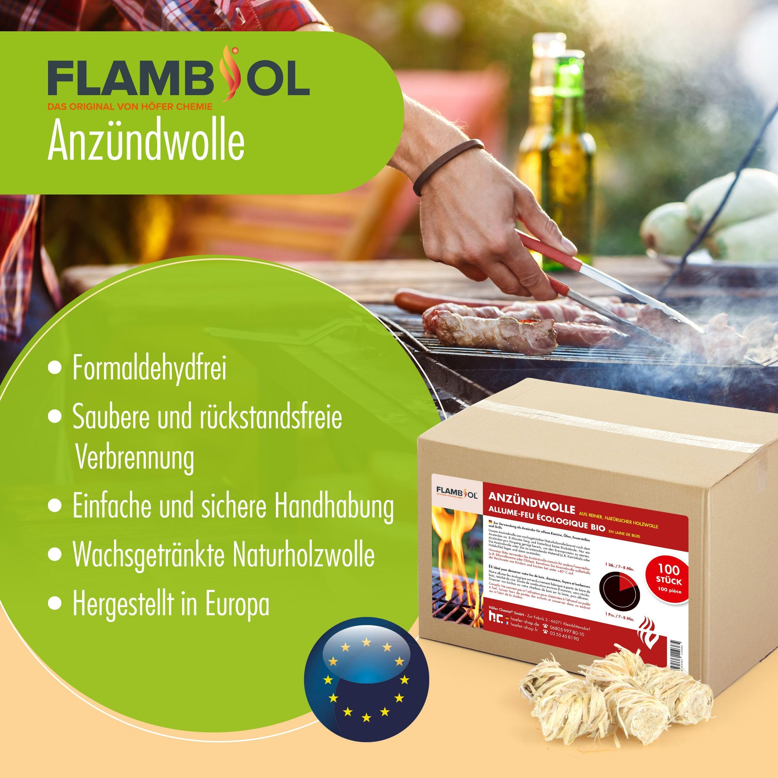FLAMBIOL Anzündwolle – 800 Stück – formaldehydfrei & nässeunempfindlich | wachsgetränkte Naturholzwolle für Kamin, Ofen & Grill – saubere, rückstandsarme Brenndauer 8-10 Min.