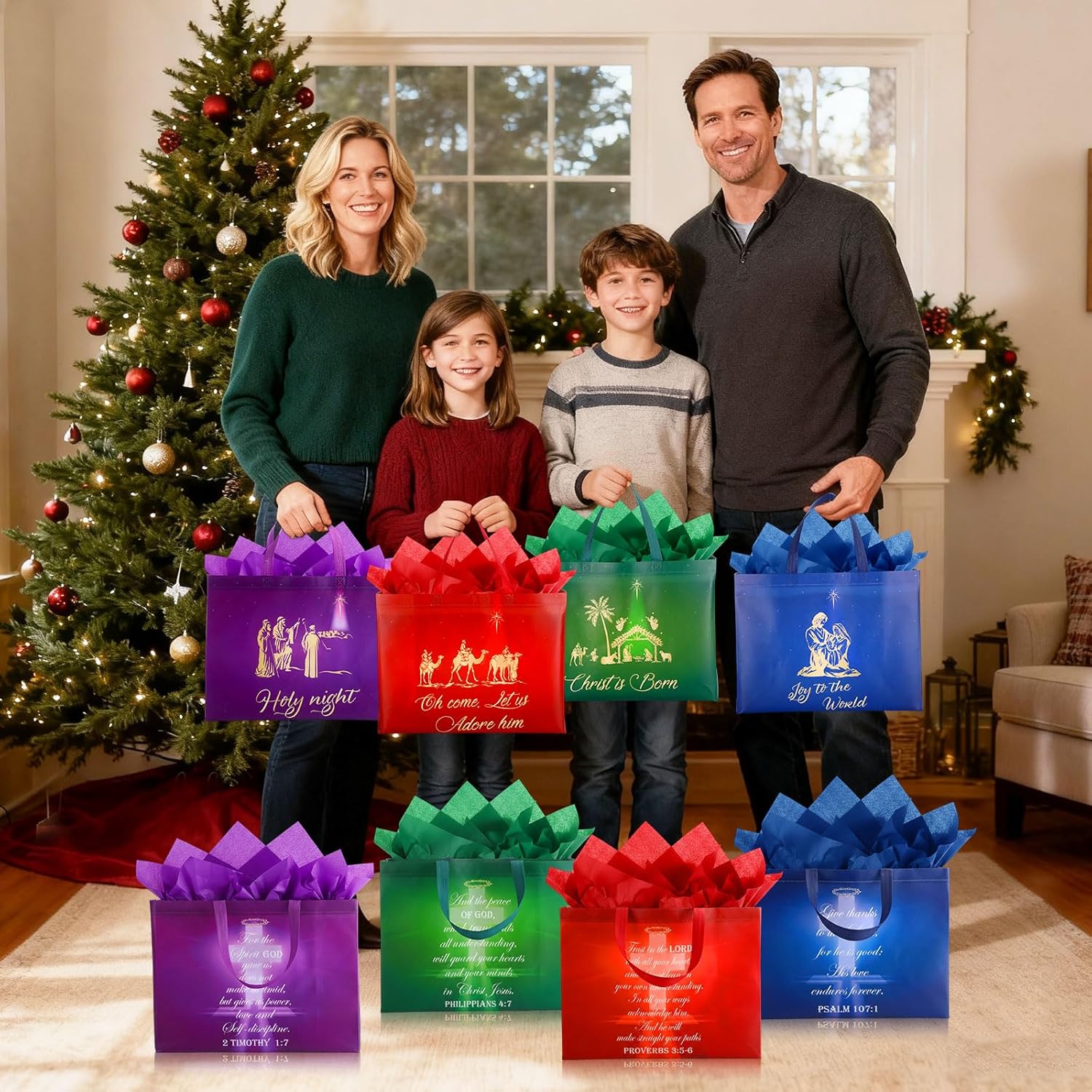 Pasimy 48 Set Extra Large Christmas Nativity Gift Bags 16.9 x 6.7 x 12.6in Include 24 Christian Religious Favor Bag Bulk with 24 Tissues Xmas Bible Verse Treat Bags for Christmas Nativity Religious - Image 6