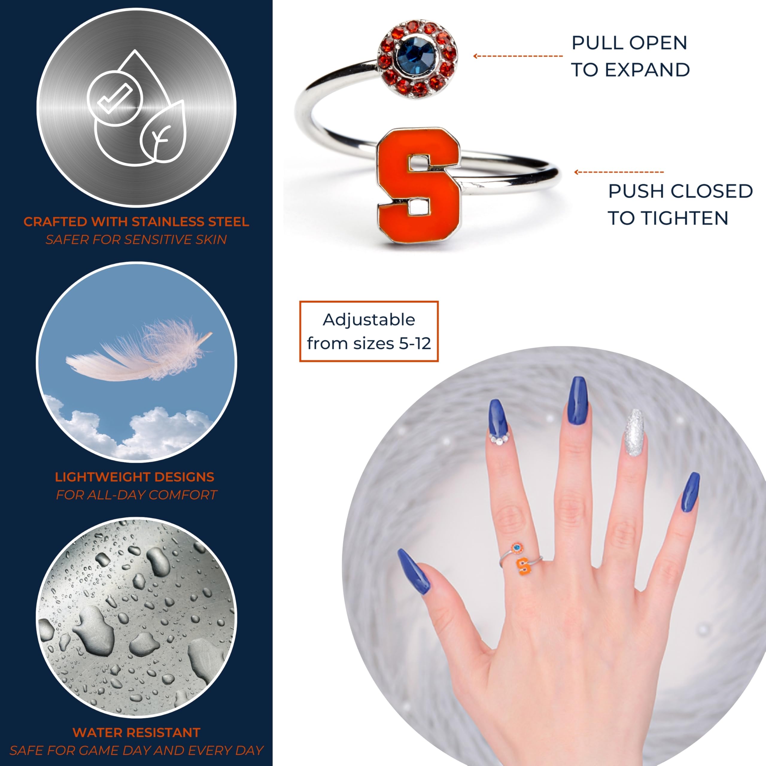 Stone Armory Syracuse Jewelry and Syracuse University Gifts - Syracuse Orange Ring with Crystals - Hypoallergenic and Adjustable Sizes 5-12 - Syracuse University Apparel for Women