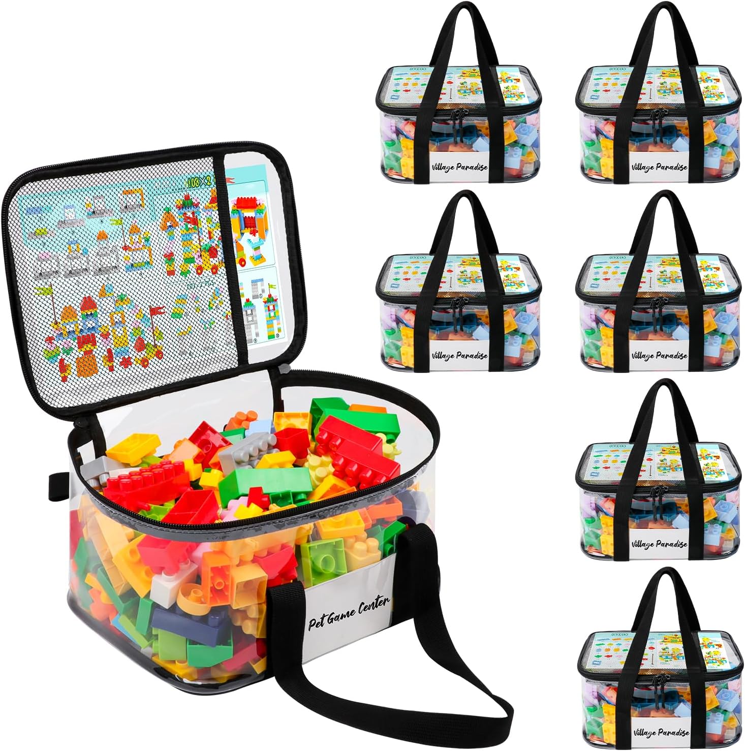 SIYNPAV 6 Pack Clear Toy Storage Bags for Lego with Tag Slot& Manual Pocket, Waterproof Transparent PVC Toy Organizer Case for Lego Bricks, Board Games, Building Blocks, Puzzles (Double Handle, Black)
