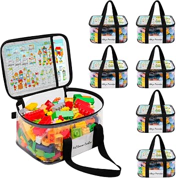 SIYNPAV 6 Pack Clear Toy Storage Bags for Lego with Tag Slot& Manual Pocket, Waterproof Transparent PVC Toy Organizer Case for Lego Bricks, Board Games, Building Blocks, Puzzles Double Handle, Black