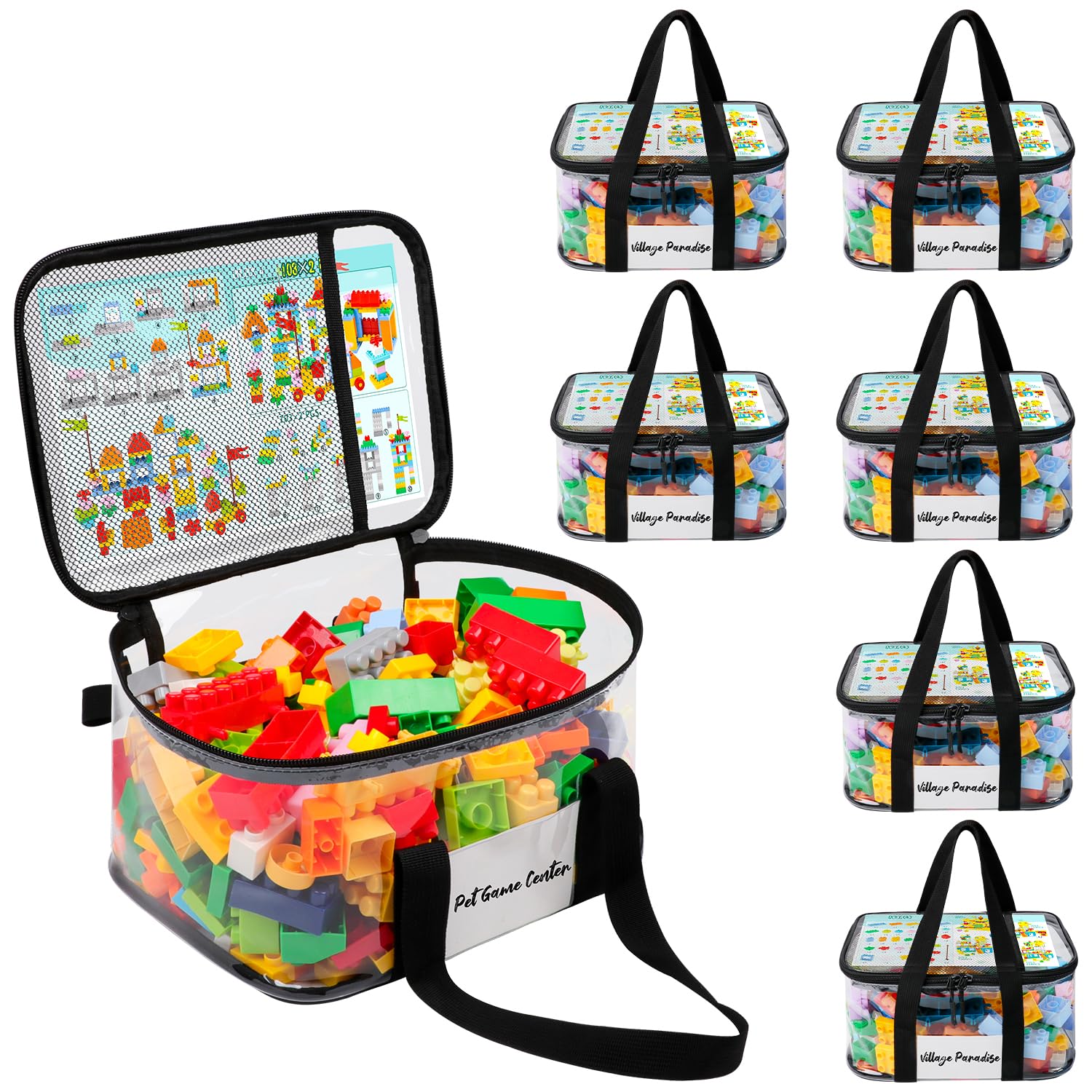 SIYNPAV 6 Pack Clear Toy Storage Bags for Lego with Tag Slot& Manual Pocket, Waterproof Transparent PVC Toy Organizer Case for Lego Bricks, Board Games, Building Blocks, Puzzles (Double Handle, Black)