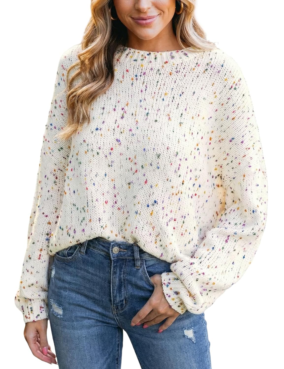 Wyeysyt Womens Oversized Pullover Sweaters Rainbow Pom Crewneck Sweater Colorful Long Sleeve Knitwear Top