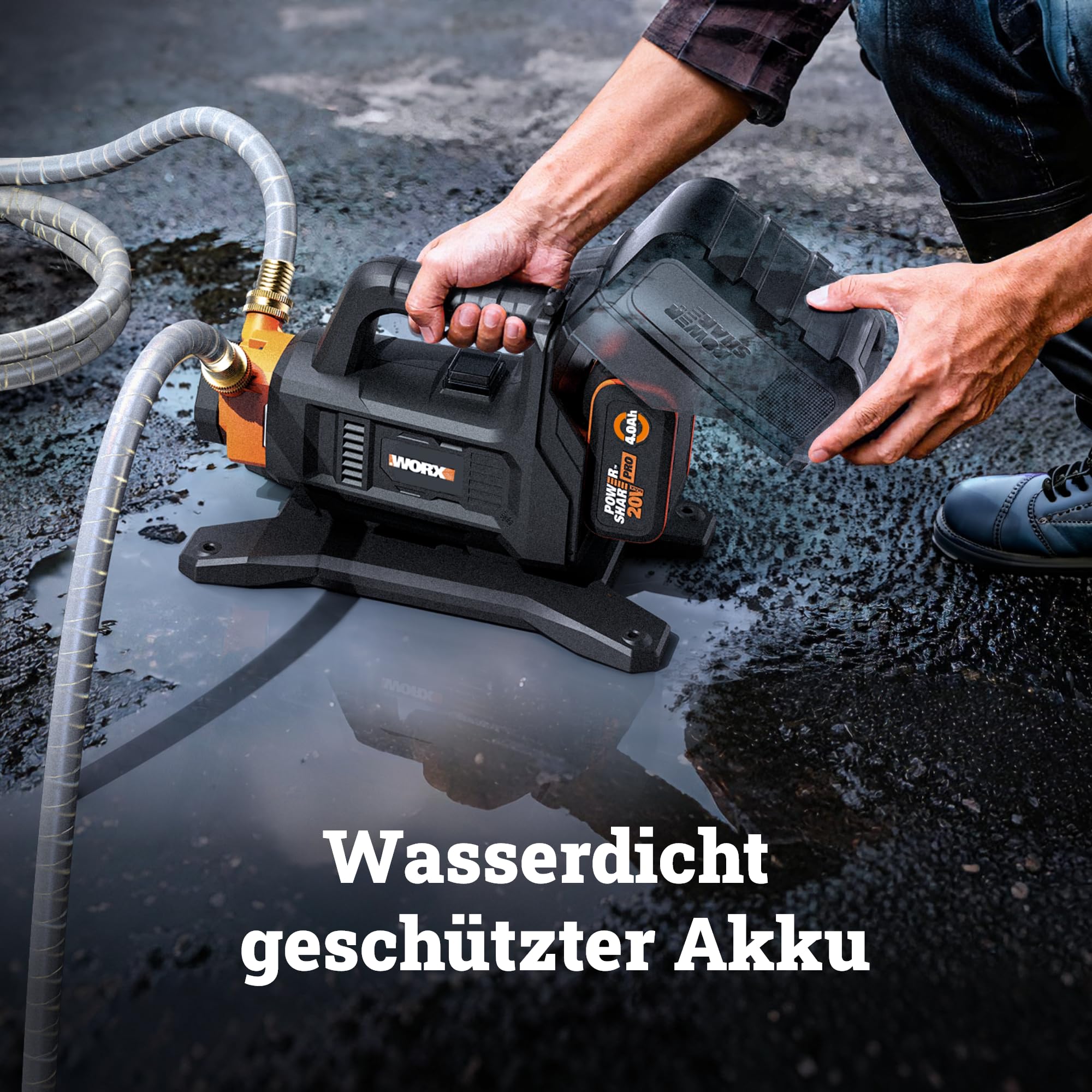 WORX WG830E, Akku-Transferpumpe 20V, inkl. Akku & Ladegerät, PowerShare | Wasserpumpe mit 1300 L/h Förderleistung und 10 m Förderhöhe
