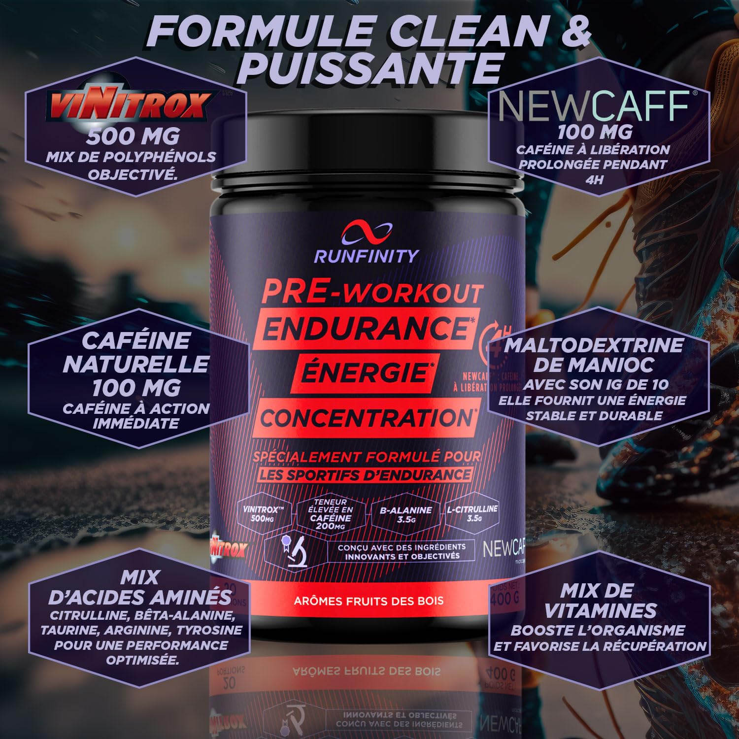 Pre Workout Runfinity - Booster d’Énergie Longue Durée : 4h d'Efficacité | Performances Maximales - Endurance Puissance & Concentration - Formule Premium Made in France