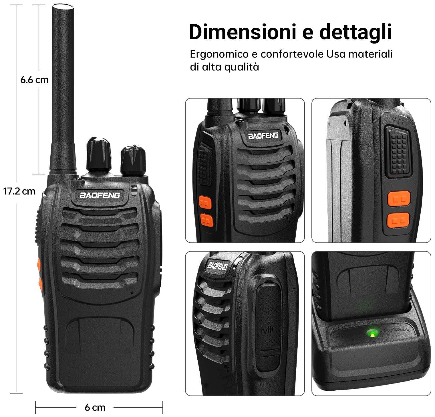 Baofeng Walkie Talkie PMR446 Senza Licenza, Antenna Non Rimovibile, 16 canali Walkie-talkie professionali ricaricabili a lungo raggio con base per caricabatterie USB e auricolari (2 pezzi)