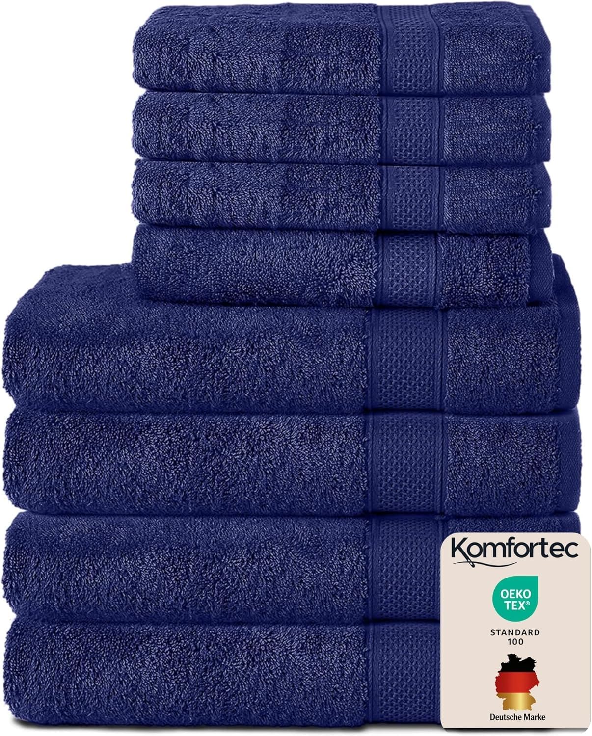 Komfortec Juego de 8 Toallas 100% Algodón | 4 Toallas de Baño 70 x 140 cm y 4 Toallas de Lavabo 50 x 100 cm – Juego de Toallas Suaves y Absorbentes – Azul Marino