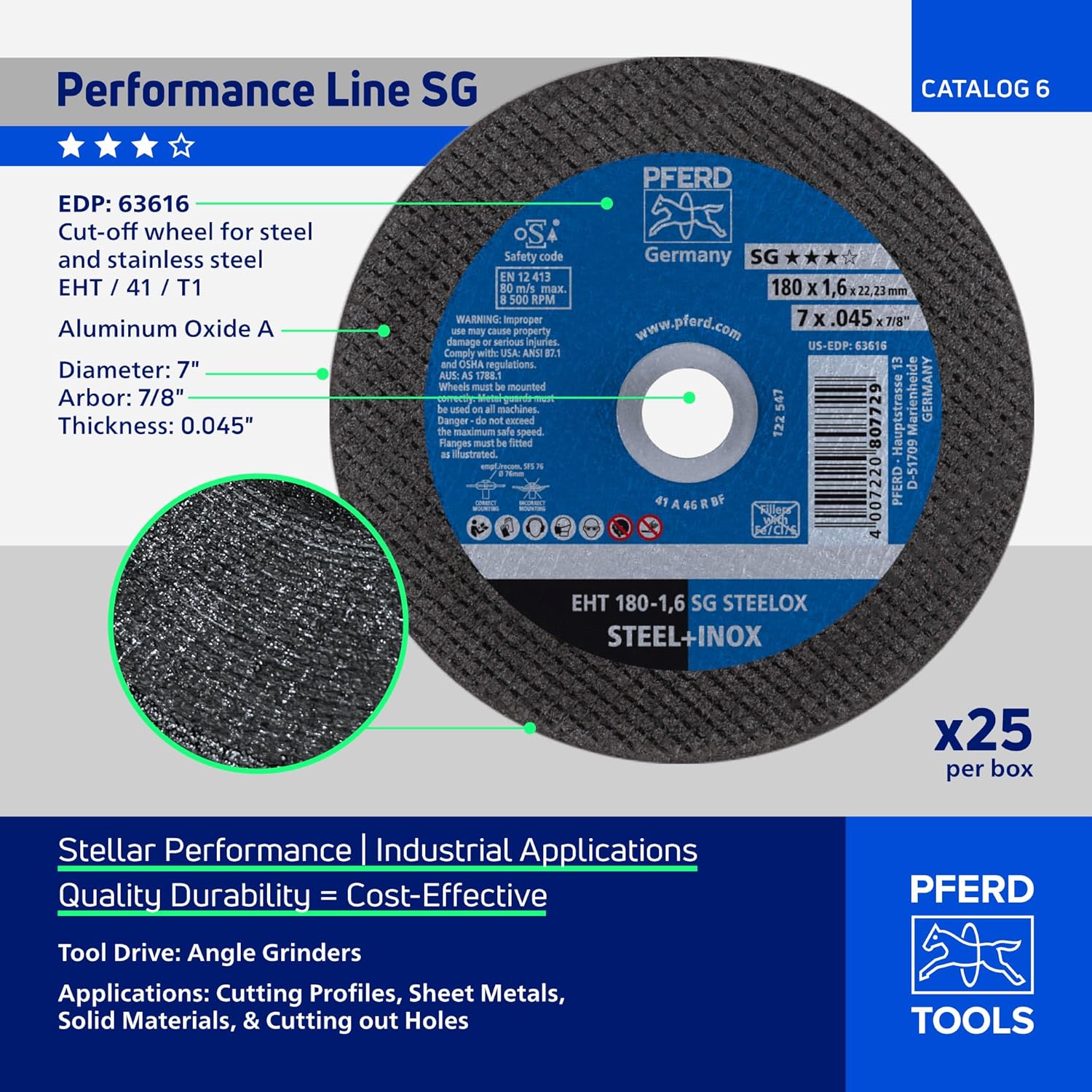 Pferd SG STEELOX Cut-Off Wheel - Type 1, 7" Diameter, 0.045" Thick, 7/8" Arbor, Aluminum Oxide, 8600 RPM – High-Performance Cutting Disc (Pack of 25) - Part 63616