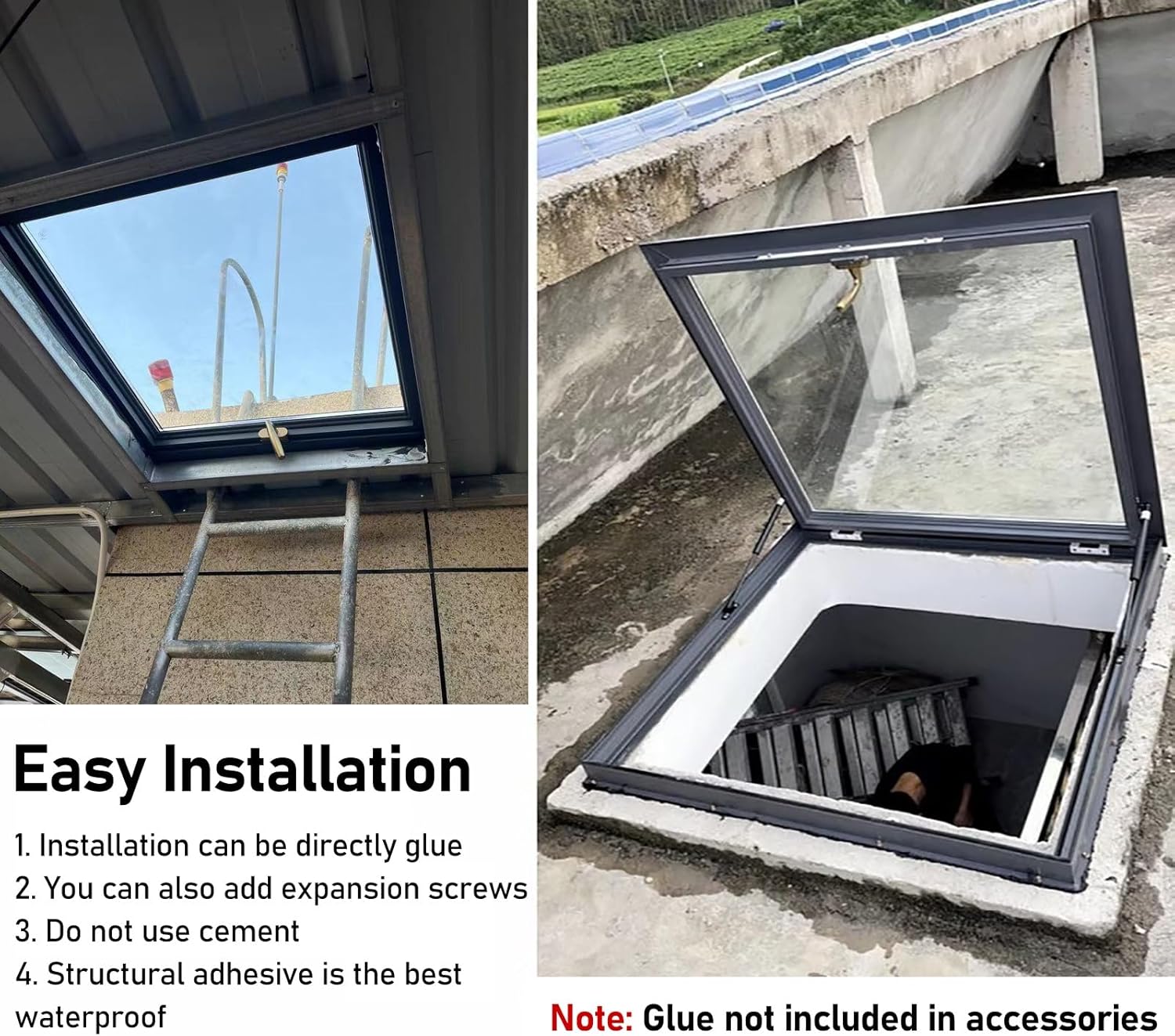 ERRULAN Large Roof Window and Skylight, Basement Daylighting Door with Double-Layer Tempered Glass, Heavy Duty Roof Access Hatch for Hallway Loft Stairway Garage(50x50cm/19.7x19.7in)