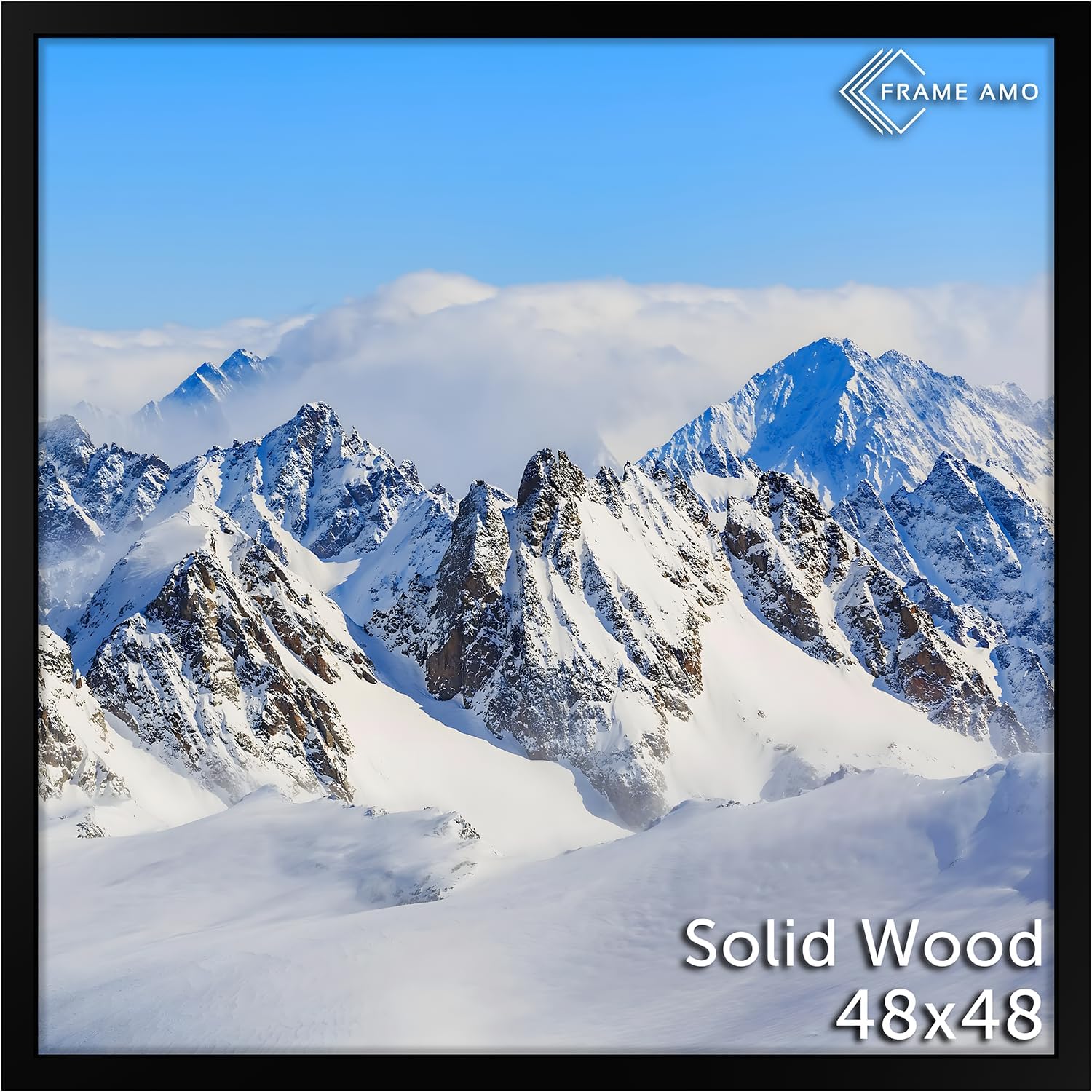 Frame Amo 48x48 Solid Wood Poster Frame Black, 1.5 inch Wide, 1.25 inch Thick, Acrylic Front, Gallery Grade