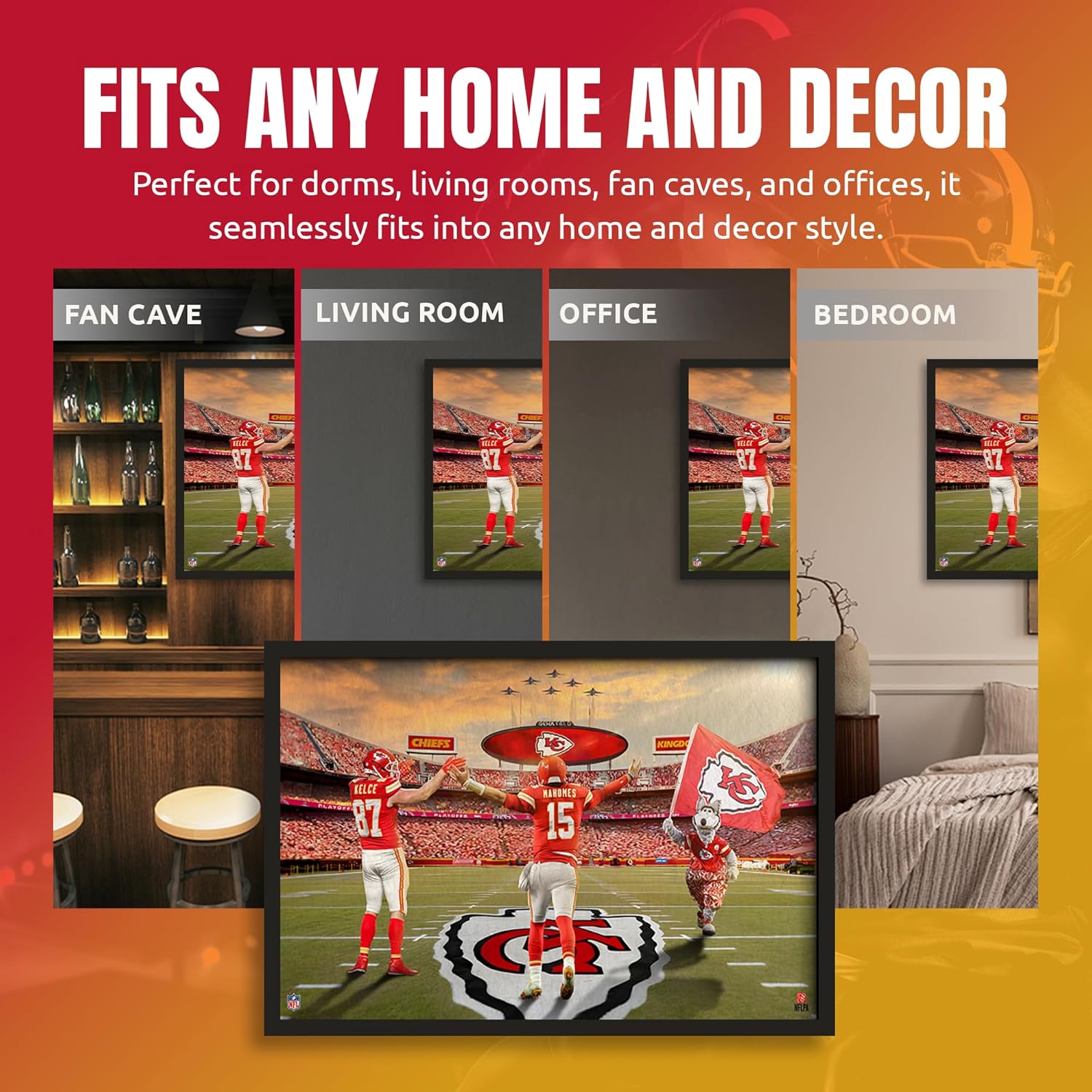 Sporticulture NFL American Football Framed Wall Art - Kansas City Chiefs - Patrick Mahomes - Travis Kelce - Picture Poster for Boys Bedroom and Man Cave Decor, Ready to Hang, Red 14" x 20", Small