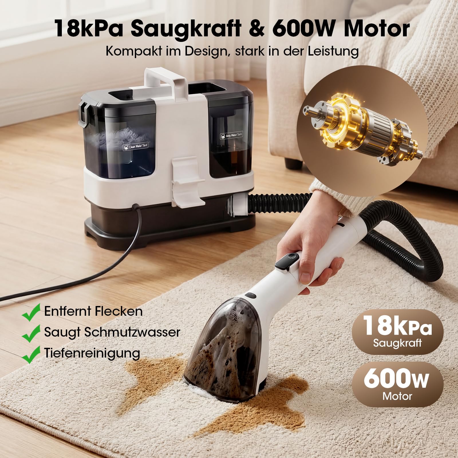 Lubluelu Nasssauger Polsterreiniger Gerät 600 W 18 kPa, kompakter Teppichreiniger & Fleckenreiniger mit starker Saugleistung für Sofa, Teppich & Auto, tragbar und leicht, Tiefenreinigung