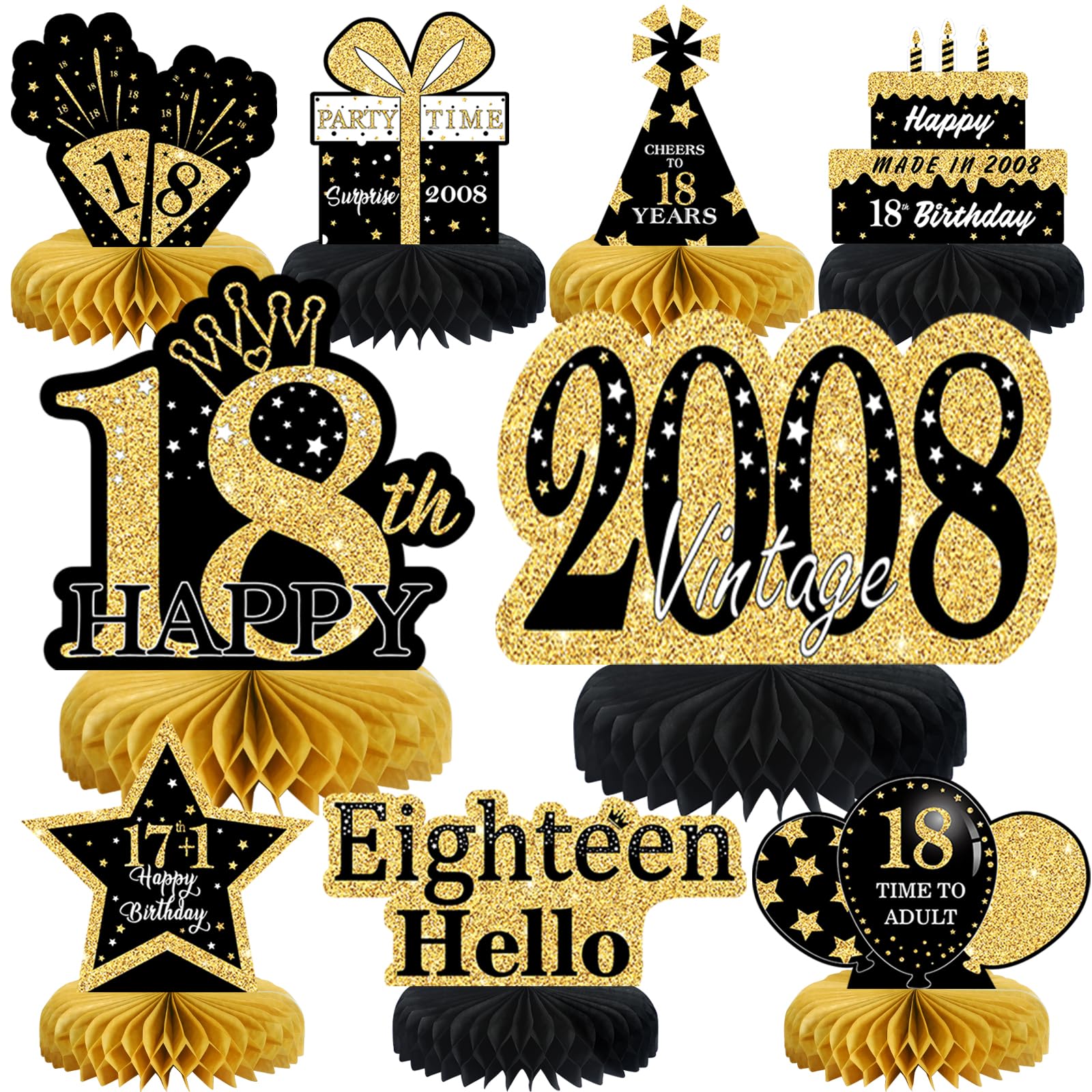 9Pcs Black Gold 18th Birthday Decorations Honeycomb Centerpieces for Boys Girls,Happy 18th Birthday Centerpieces Tables Toppers Party Decorations