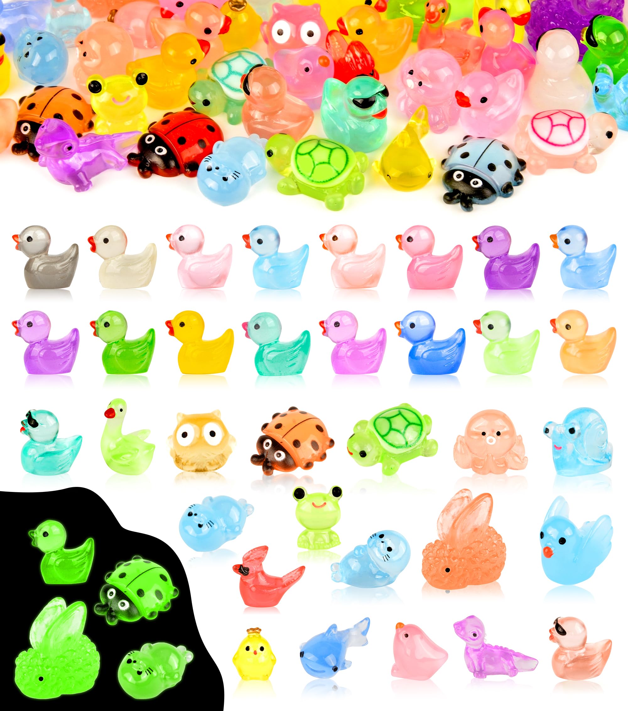 100PCS Glow in The Dark Mini Resin Animals 20 Cute Styles Tiny Figurines Colorful Ducks, Frogs, Turtles, Fishfor Fairy Garden, Dollhouse, Aquarium, DIY Crafts, Micro Landscape Party Decoration