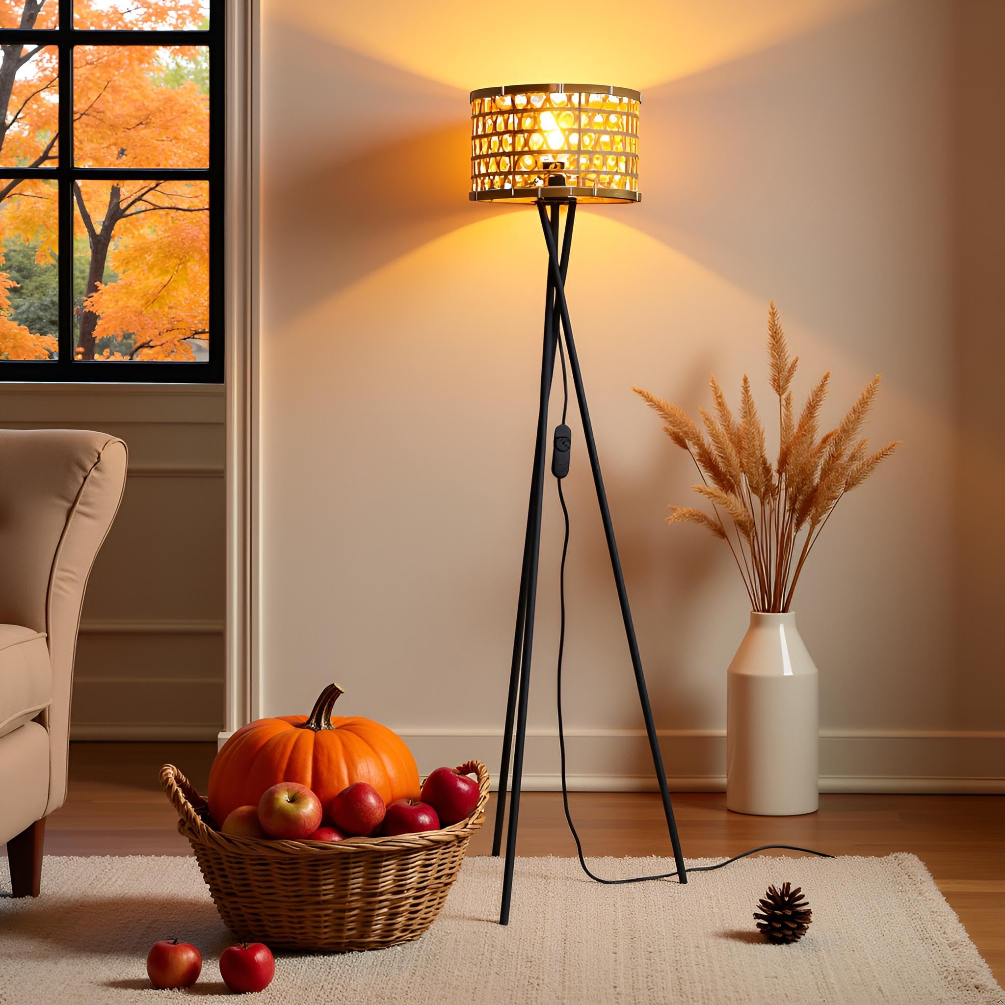 Osasy Modern Tripod Floor Lamp with Interchangeable Shades, Dimmable Standing Light, Black Metal Base, Living Room and Bedroom Lighting (A1 Open Weave Shade - Deep Brown)