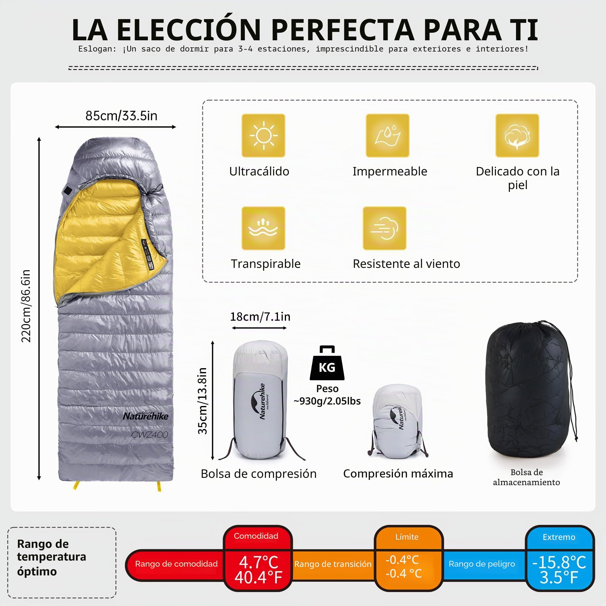 Naturehike Saco de dormir de plumón de la serie CW, ultraligero, portátil, compacto, saco de dormir 4 estaciones para adultos y niños, camping, senderismo, viajes