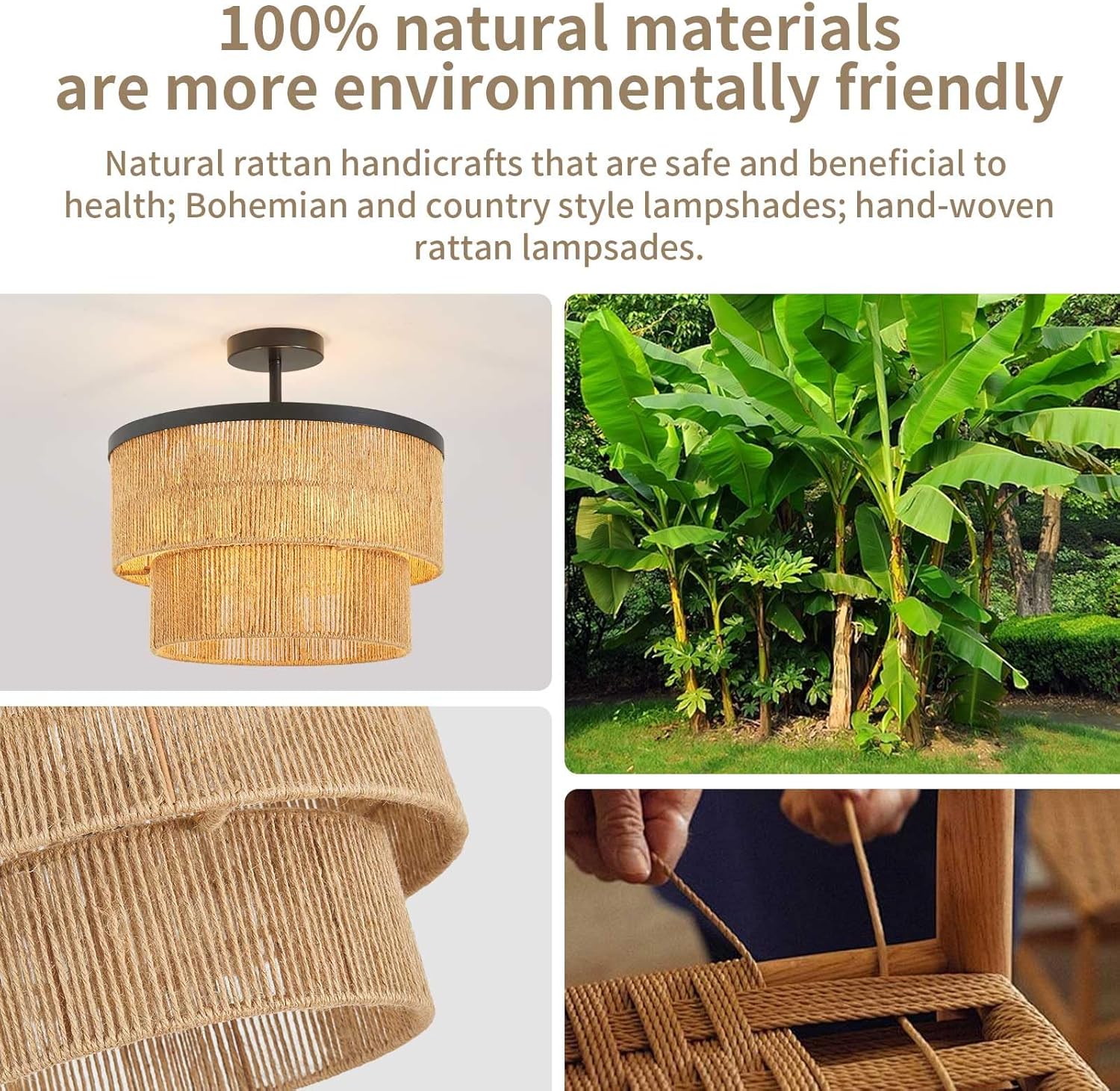 16'' Semi Flush Mount Ceiling Light Fixture, Rattan Chandelier Natural Boho Farmhouse, 3-Light Coastal Hemp Rope with 2-Tier Drum Shade and Black Metal Ring for Entry Way, Kitchen, Dining, Bedroom