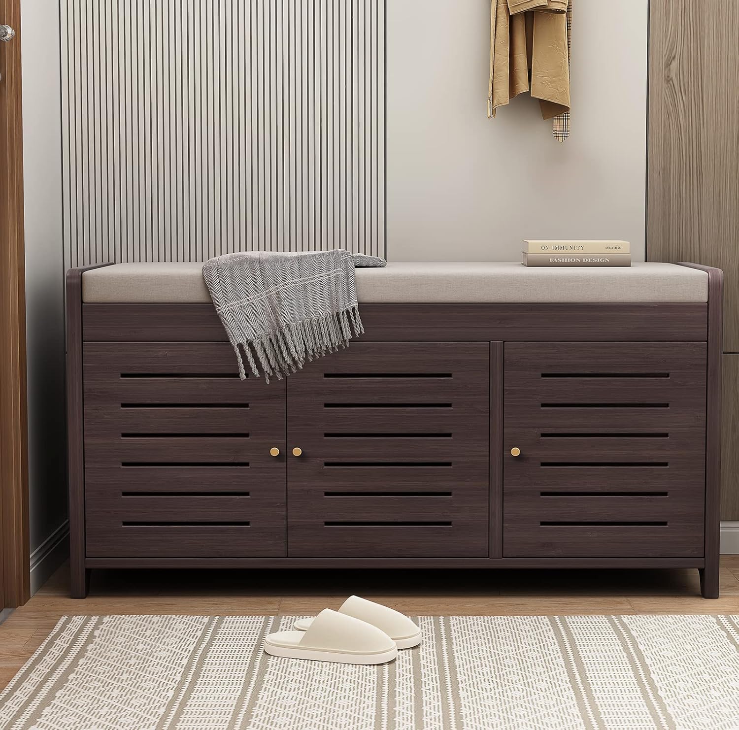 Shoe Storage Bench Bamboo Shoe Rack Bench with Three Door & Padded Seat Cushion for Entryway Shoe Cabinet Shoe Bench (White)