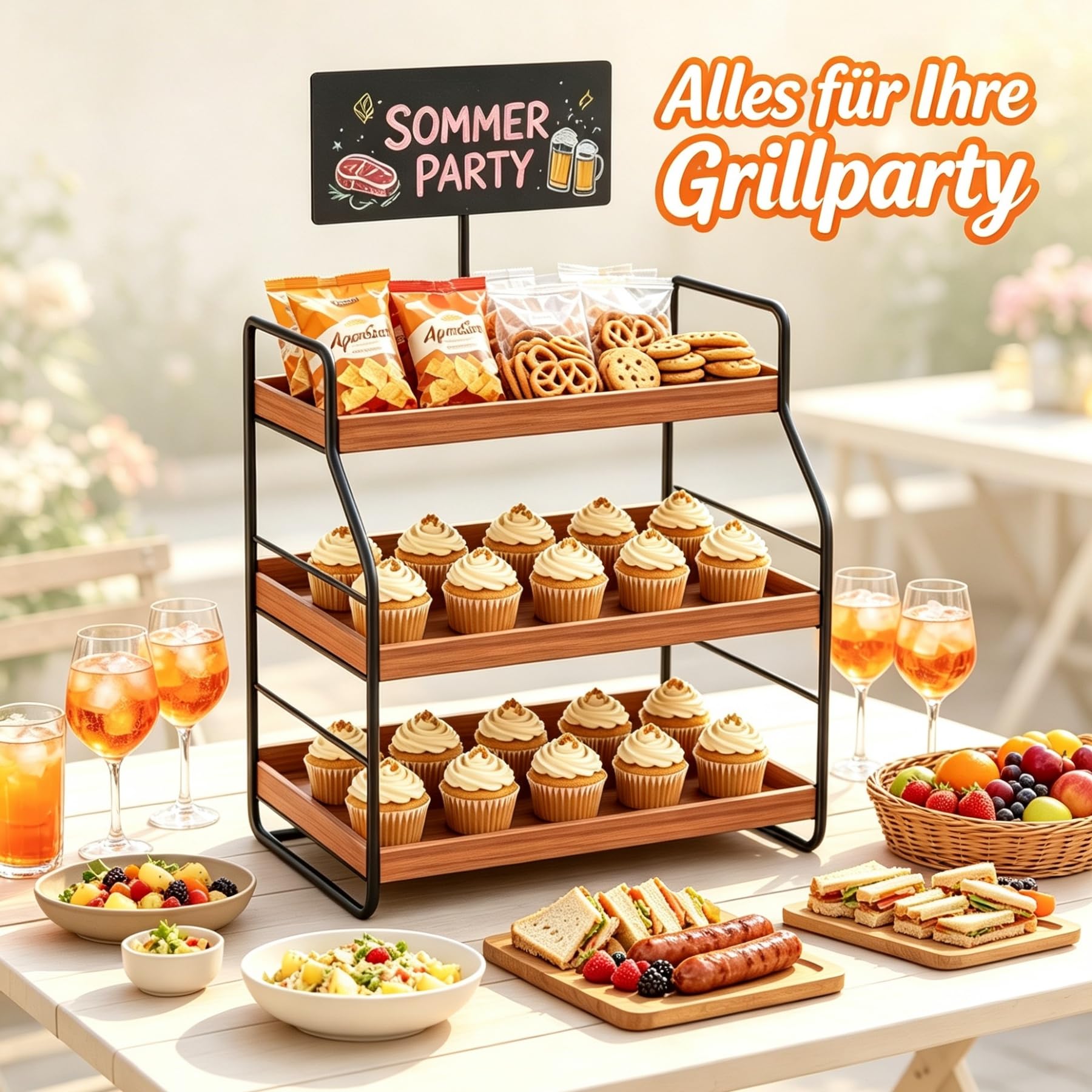 Présentoir à cupcakes à 3 étages en bois avec tableau à craie, présentoir à gâteaux pour muffins, biscuits et pâtisseries, étagère à dessert pour mariage, fête et anniversaire, 39 x 35 x 24 cm