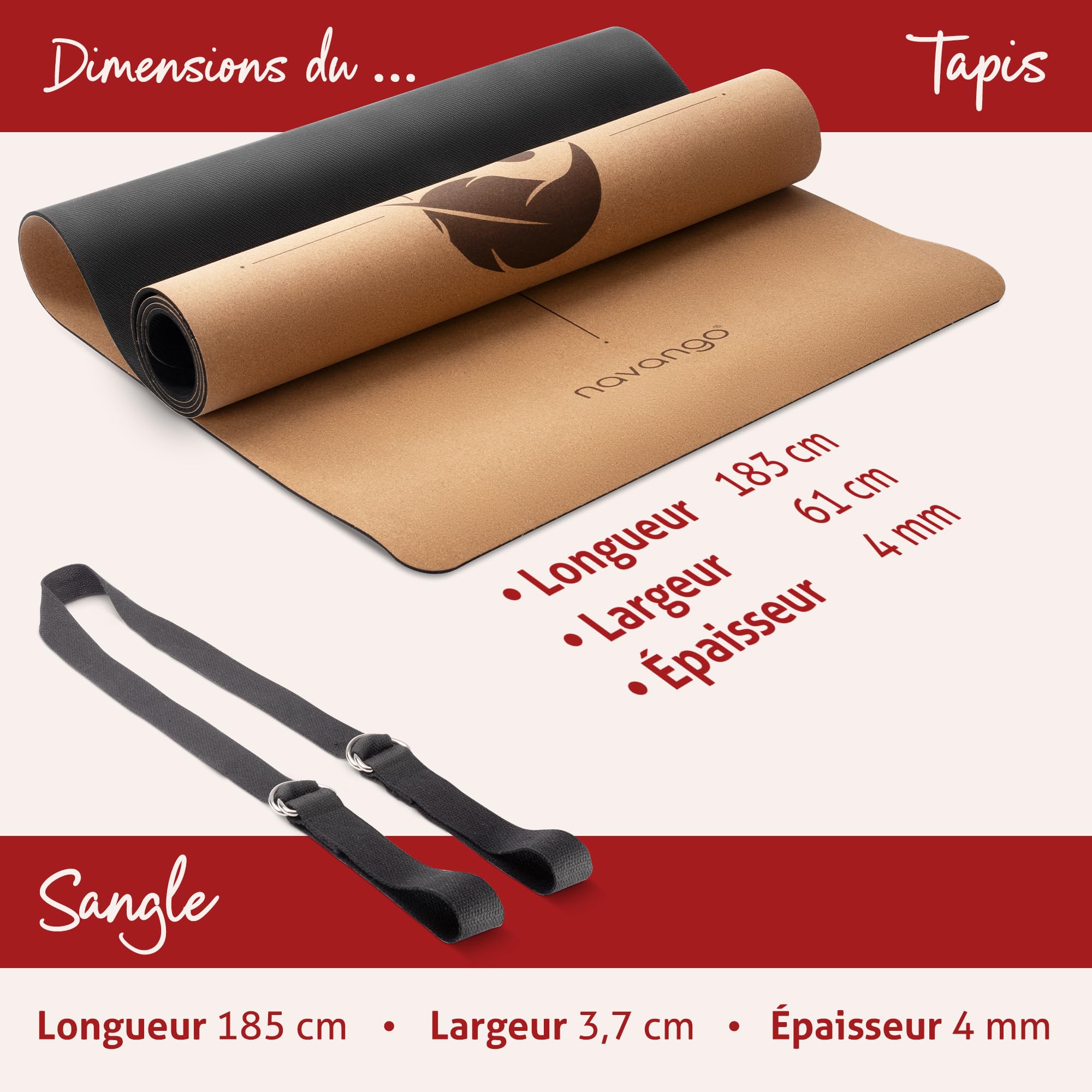Tapis de Yoga en Liège Naturel Antidérapant 183x61cm 4mm avec Sangle de Transport Lignes d’Alignement