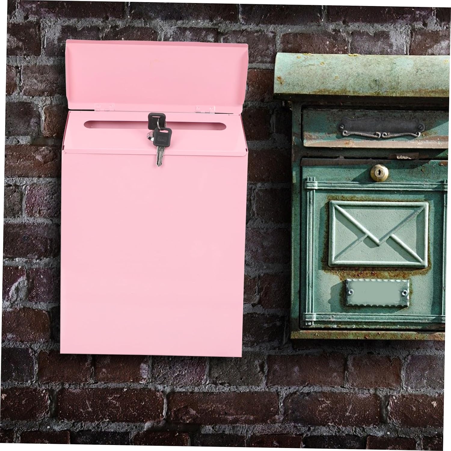 Cabilock Wall-Mounted Iron Mailbox with Lock, Multi-Function Drop Box and Convenient Suggestion Box for Home, Pink Garden Style Letter Accessory