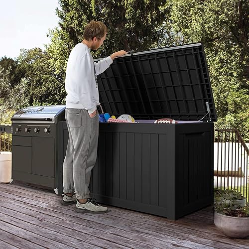 Vista 92 de Devoko Caja de resina de 120 galones, impermeable, para interiores y exteriores, contenedor de almacenamiento grande con cerradura para muebles