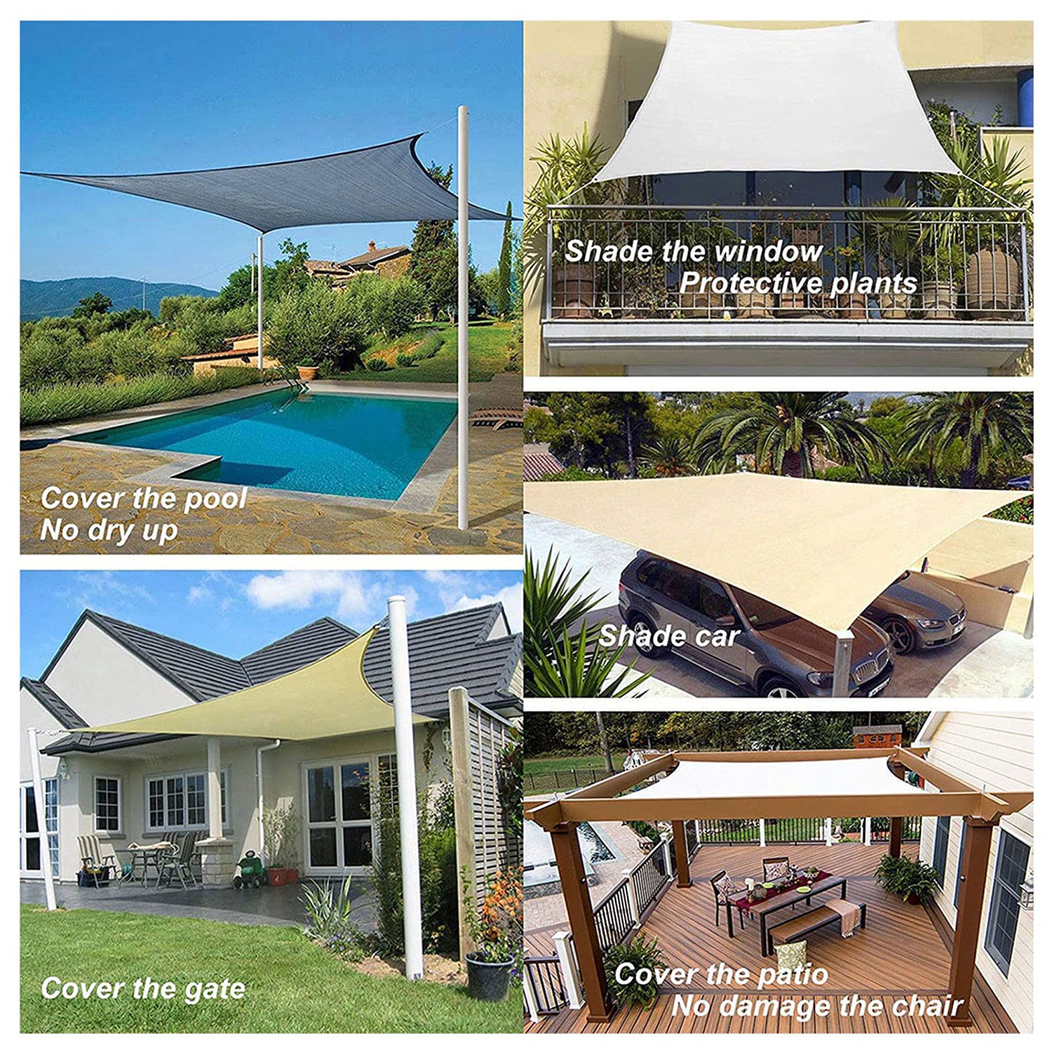 Sonnensegel, rechteckig, 3 x 6 m, Sonnensegel für Garten, Balkon, wasserabweisend, 98% UV-Block, Markisen, 300D-Polyester-Schattentuch mit gratis Seil für Terrassenpartys im Freien, Weiß