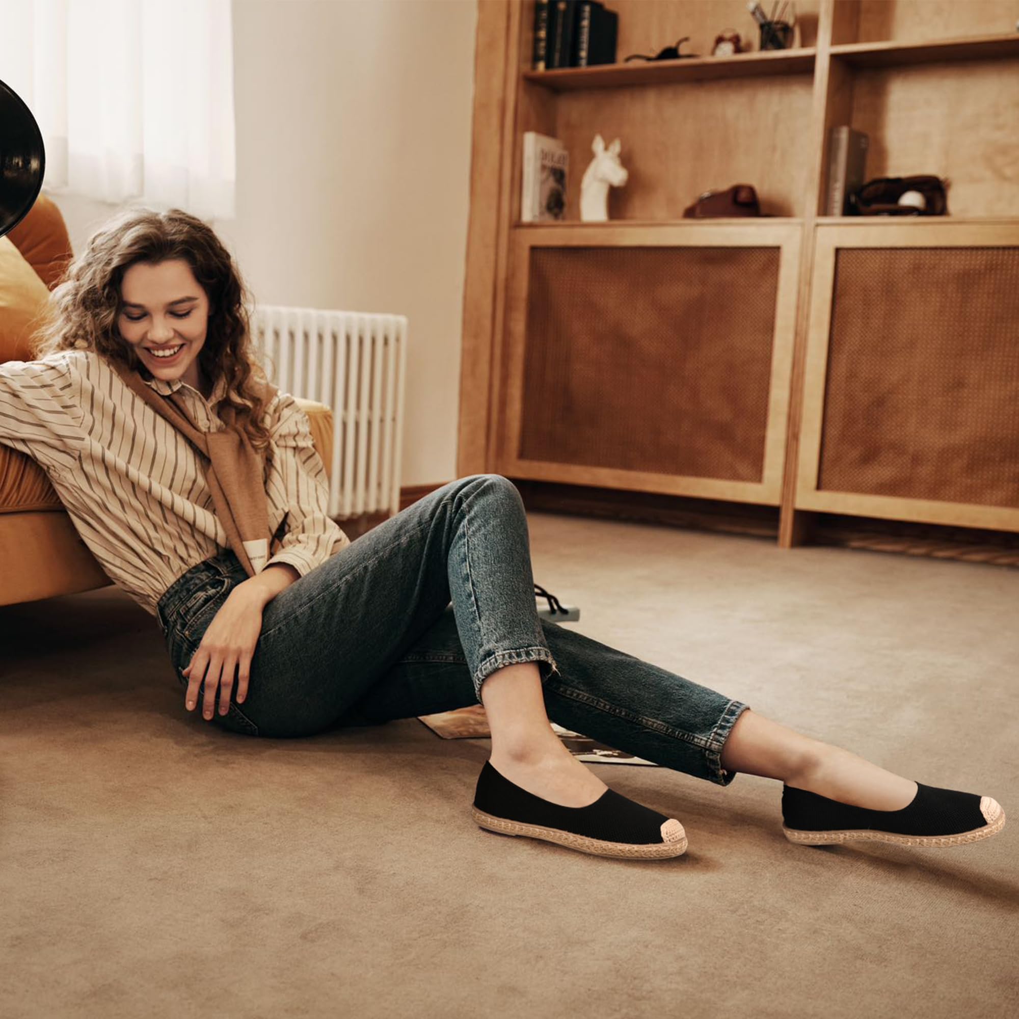 GLAMORA Espadrilles Femme Ballerines Plates Chaussures Femme Respirantes Tricot Slip on Confortables Espadrille Femme Été Semelle Tressée Chaussures Plates Femme Légères Mode Casual