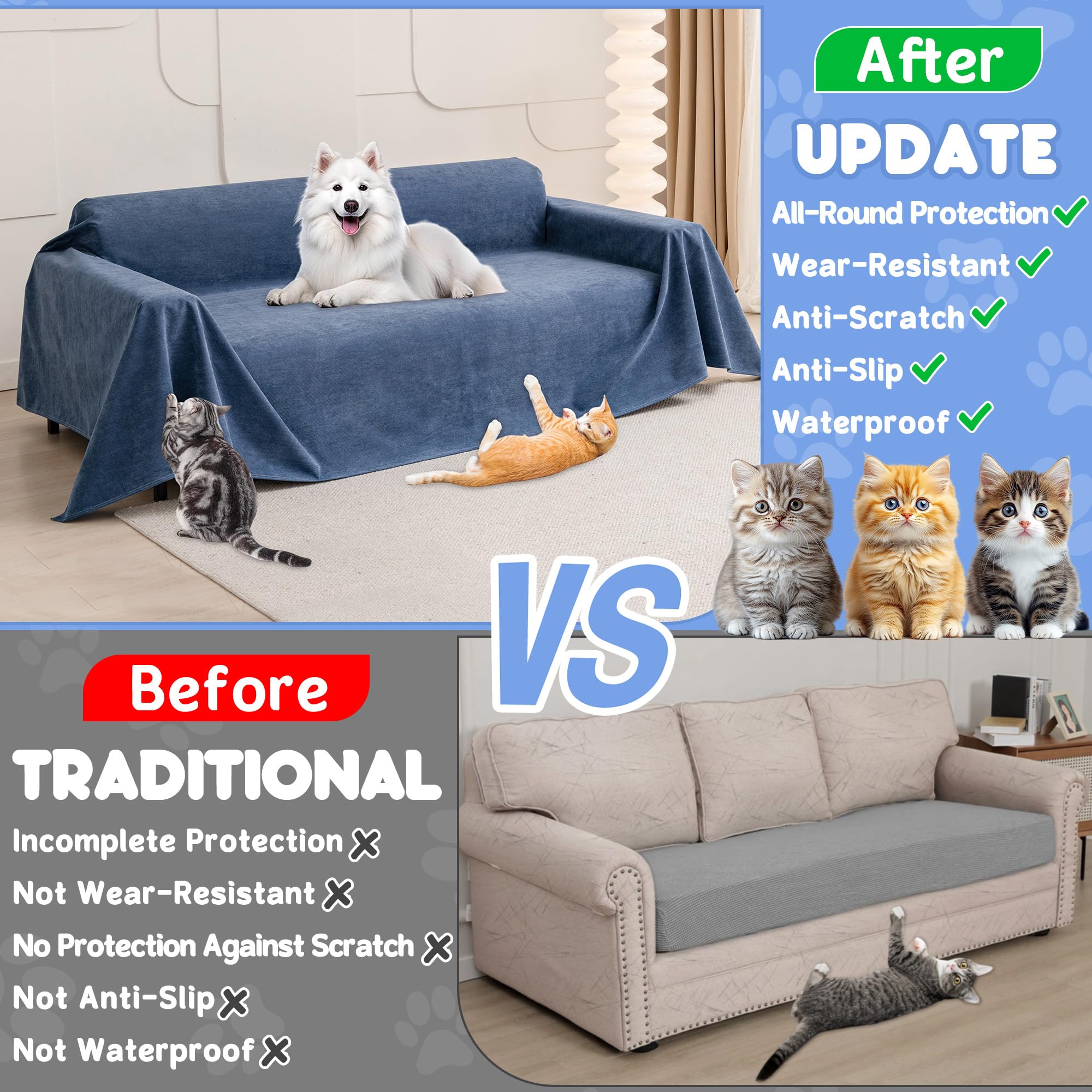 Loiion Krasbestendige hoes voor katten, bank, 3-zits, bescherming voor katten, krassen en honden, huisdieren, antislip, vuilafstotend, bruin, 380 x 230 cm