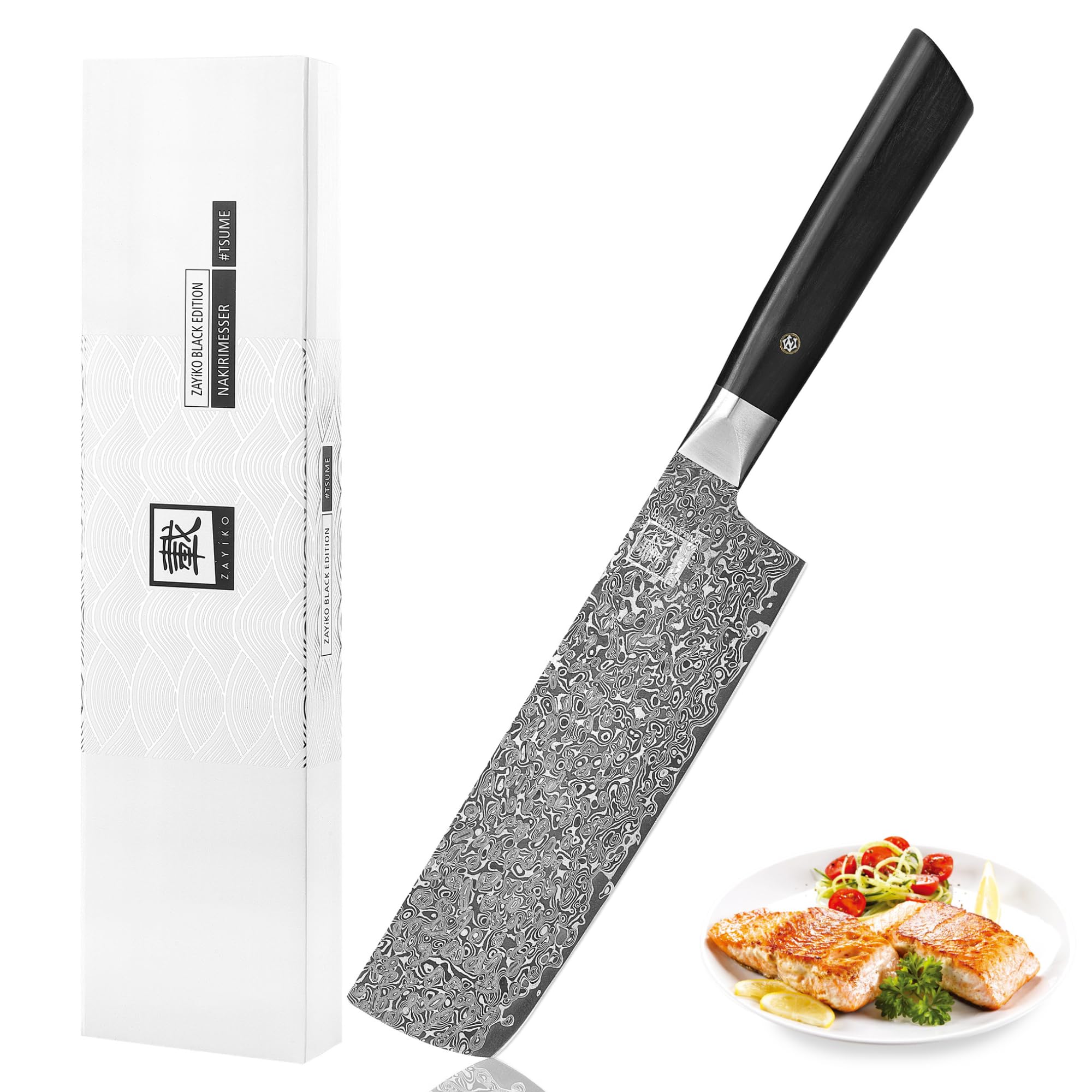 zayiko Black Edition Nakiri Vegetable Knife, 7.3-Inch VG10 Damascus Knife