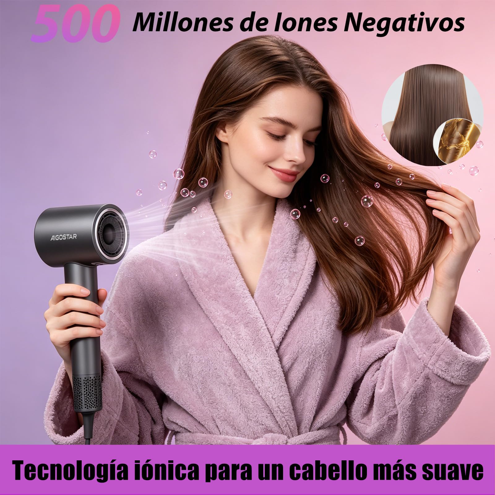Aigostar Secador de Pelo Profesional Iónico 1600W con Difusor para Rizos | Motor BLDC 110000rpm, 500M Iones Negativos, Control NTC Temperatura, 55dB Silencioso, Boquilla Magnética, para Salón y Viaje