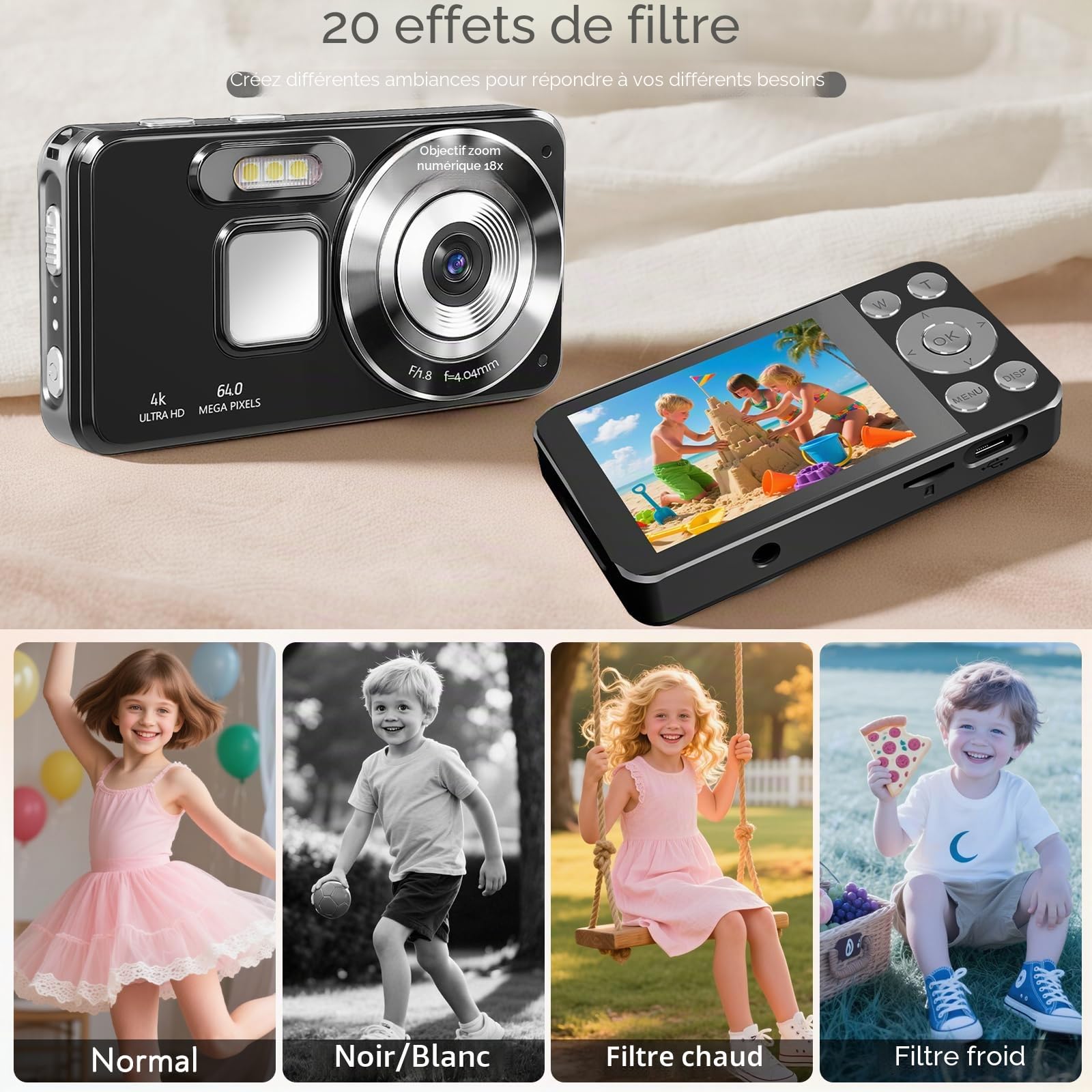 Appareil Photo Numérique 4K 64MP - Caméra Portable avec Zoom Numérique 18X, Écran LCD 2,8", Carte SD 32GB Incluse, Stabilisateur d'image - Idéal Enfants, Adolescents et Débutants (Noir-2)