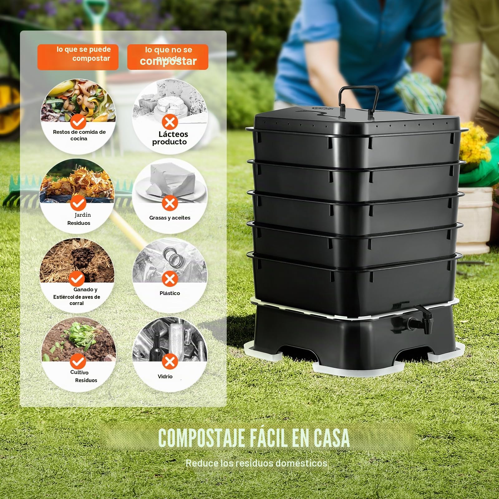 VEVOR Compostador de Lombrices 50 L con 5 Bandejas Compostador de Jardín Contenedor de Abono de Lombrices para Reciclaje de Residuos de Alimentos Excrementos de Lombrices Té de Lombrices Lombricultura