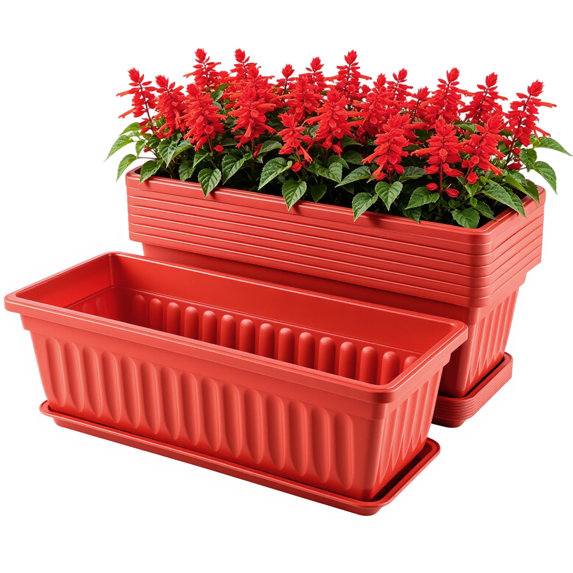 Jardinière extérieur intérieur rouge lot de 8 bacs à fleurs rectangulaires 43cm avec soucoupes