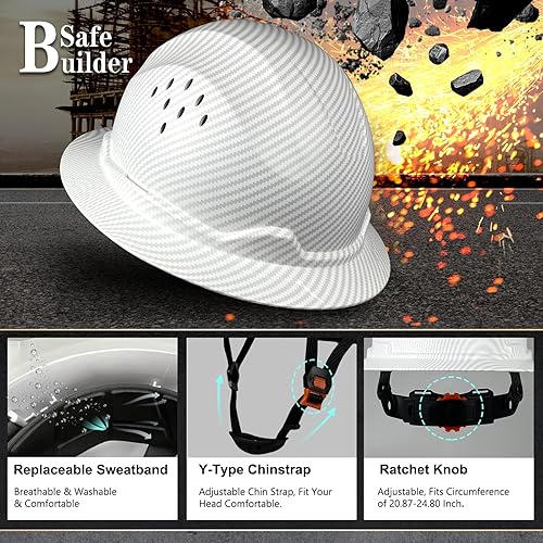 Miniatura 7 de SBD-G1C Casco de seguridad de ala completa para construcción, casco duro de HDPE, ventilado, sombrillas, patrón de fibra de carbono, trabajo