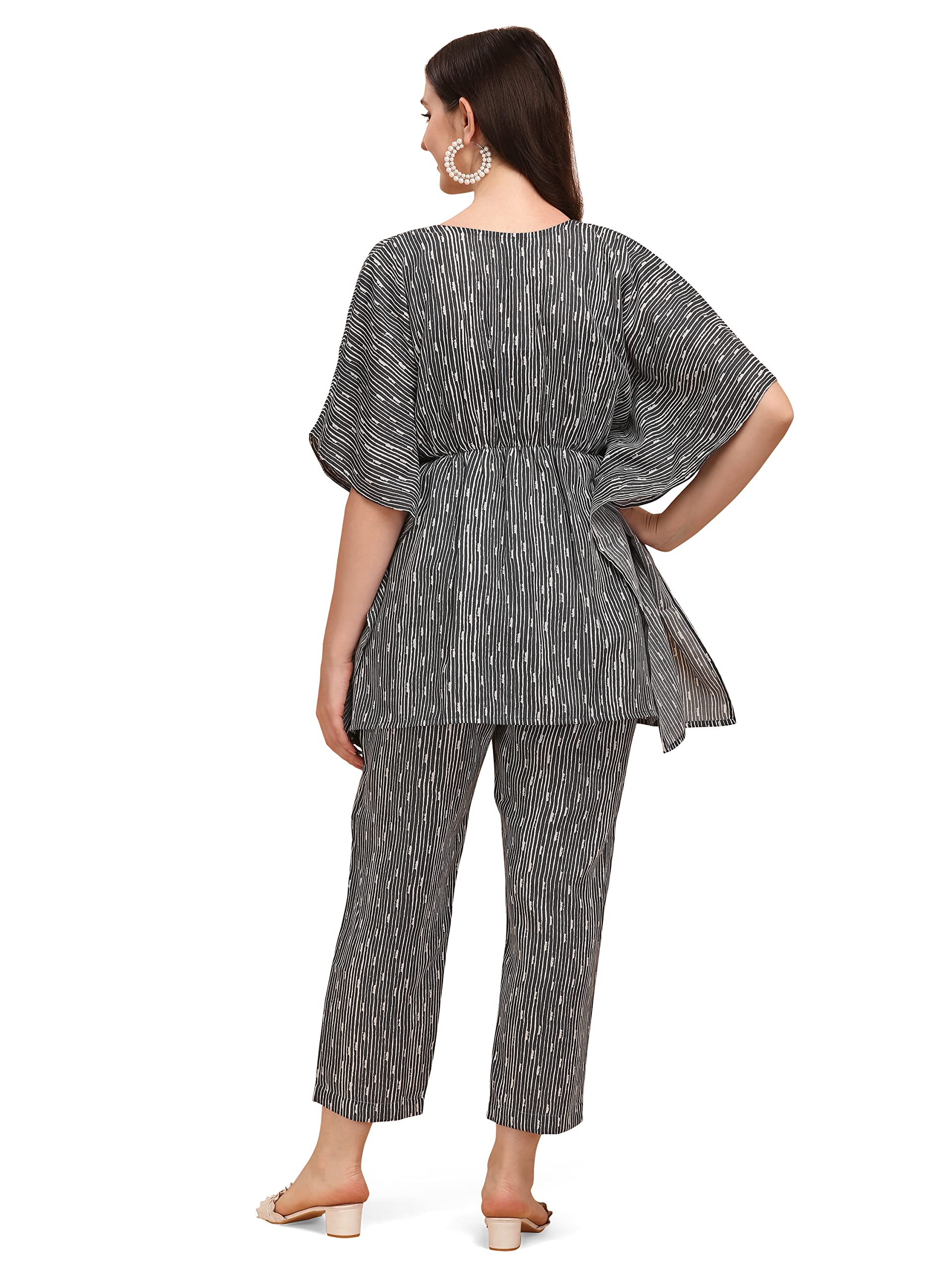 NAINVISH Women's Cotton Blend Straight V-Neck Printed Kaftan Top with Pant (SD229_KB-S_Grey) 1