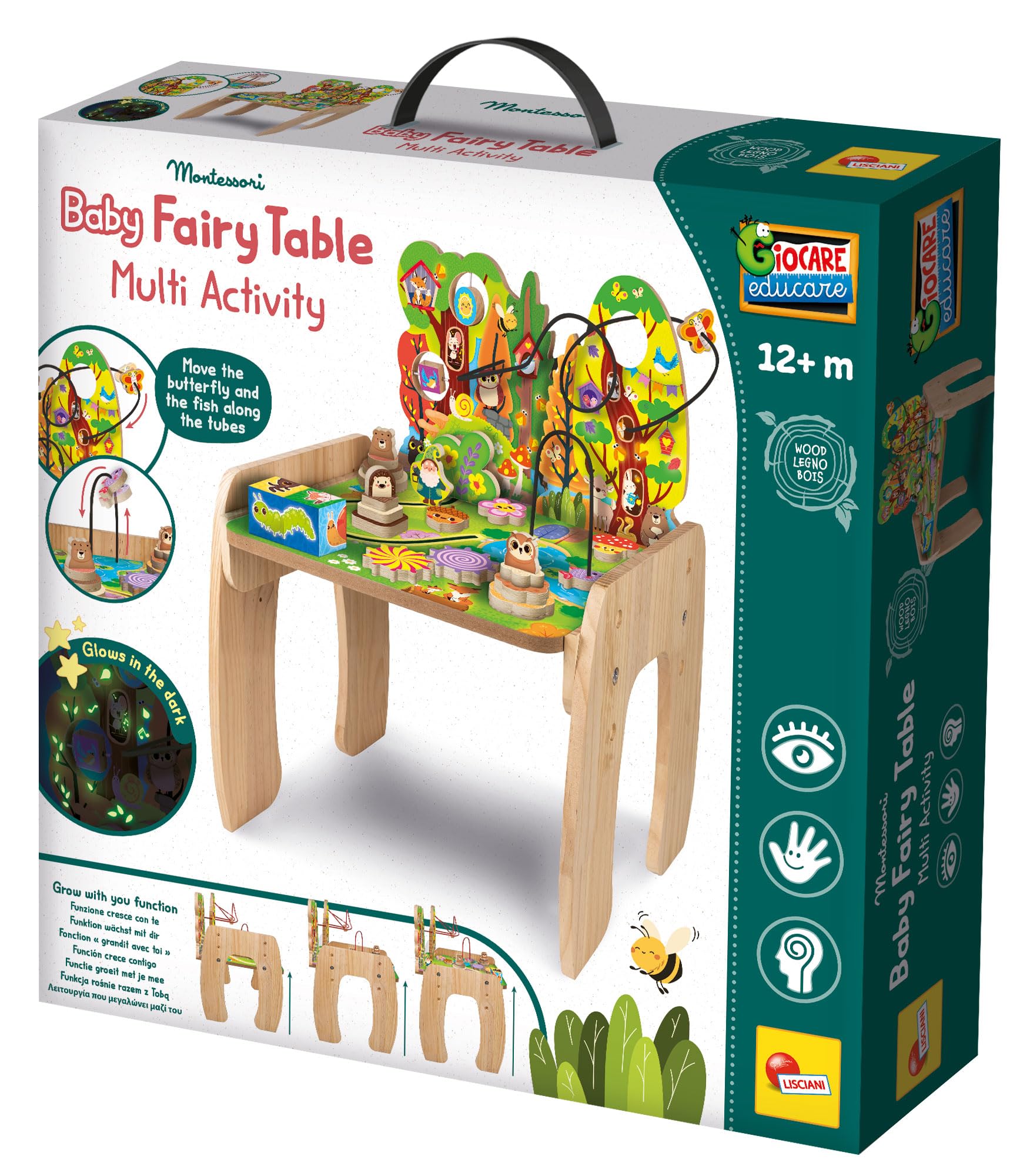 Lisciani - Montessori Mesa de Actividades evolutiva de Madera para niños de 1 a 4 años - Juego Educativo con Laberinto, Engranajes, Formas empotradas - Altura Regulable - Estimulación sensorial