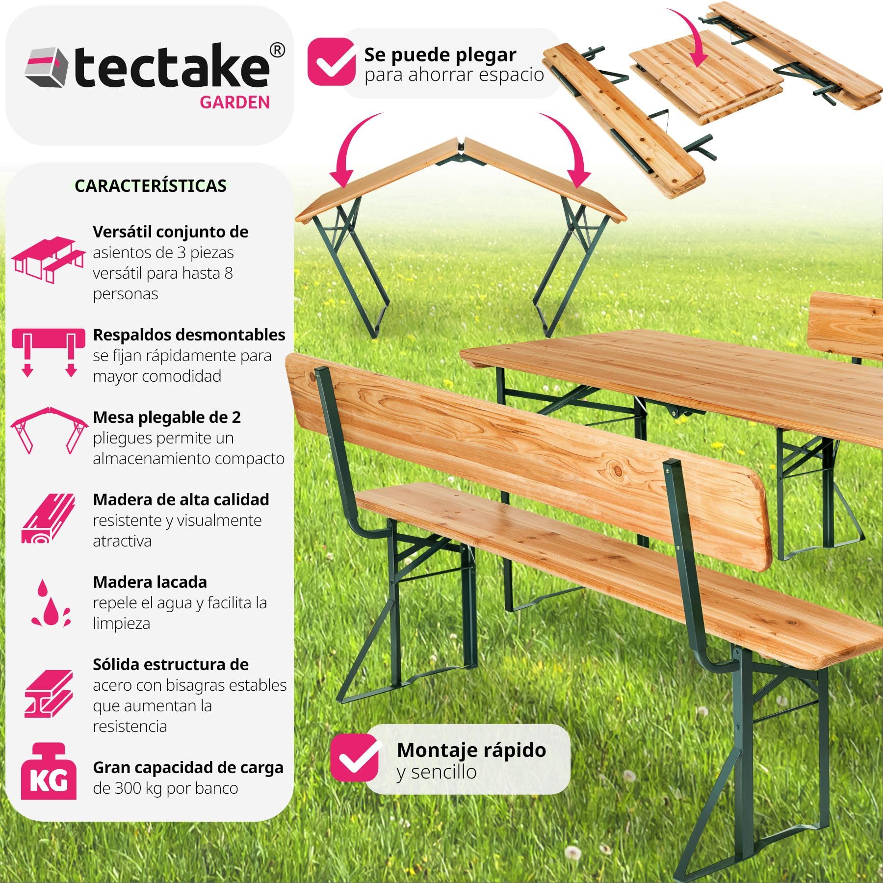 tectake® Conjunto Jardín Exterior, Mesa y 2 Bancos Madera de Abeto Barnizada, Plegables, Estables y Resistentes, Respaldo Extraíble, Fácil Almacenamiento y Transporte, Ideal Camping, Terraza, Picnic