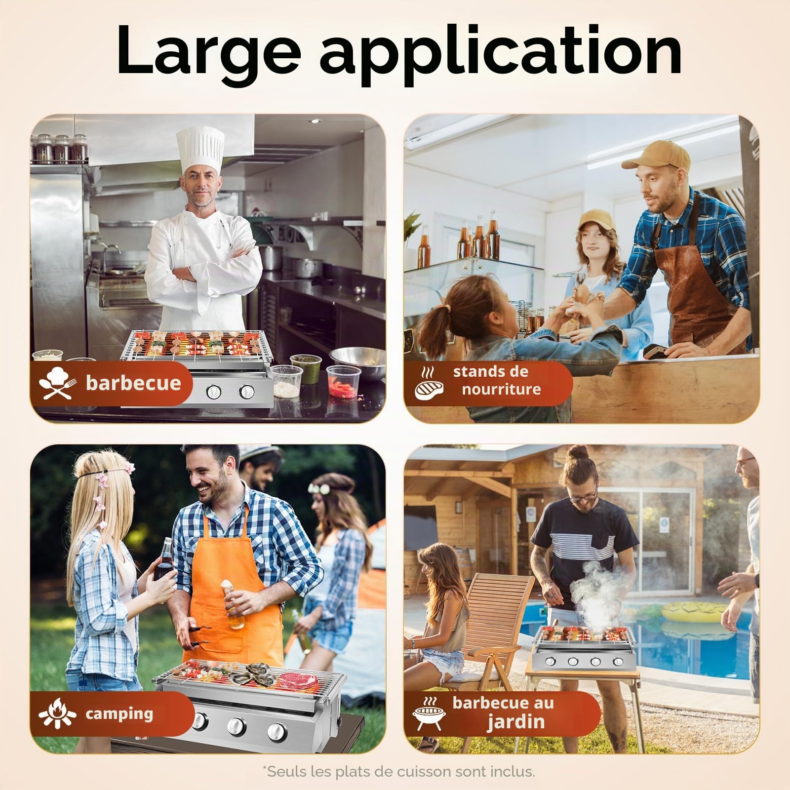 Barbecue à gaz à 4 brûleurs en acier inoxydable avec brûleurs réglables en température, bac récupérateur de graisse amovible, pour camping, balcon et jardin