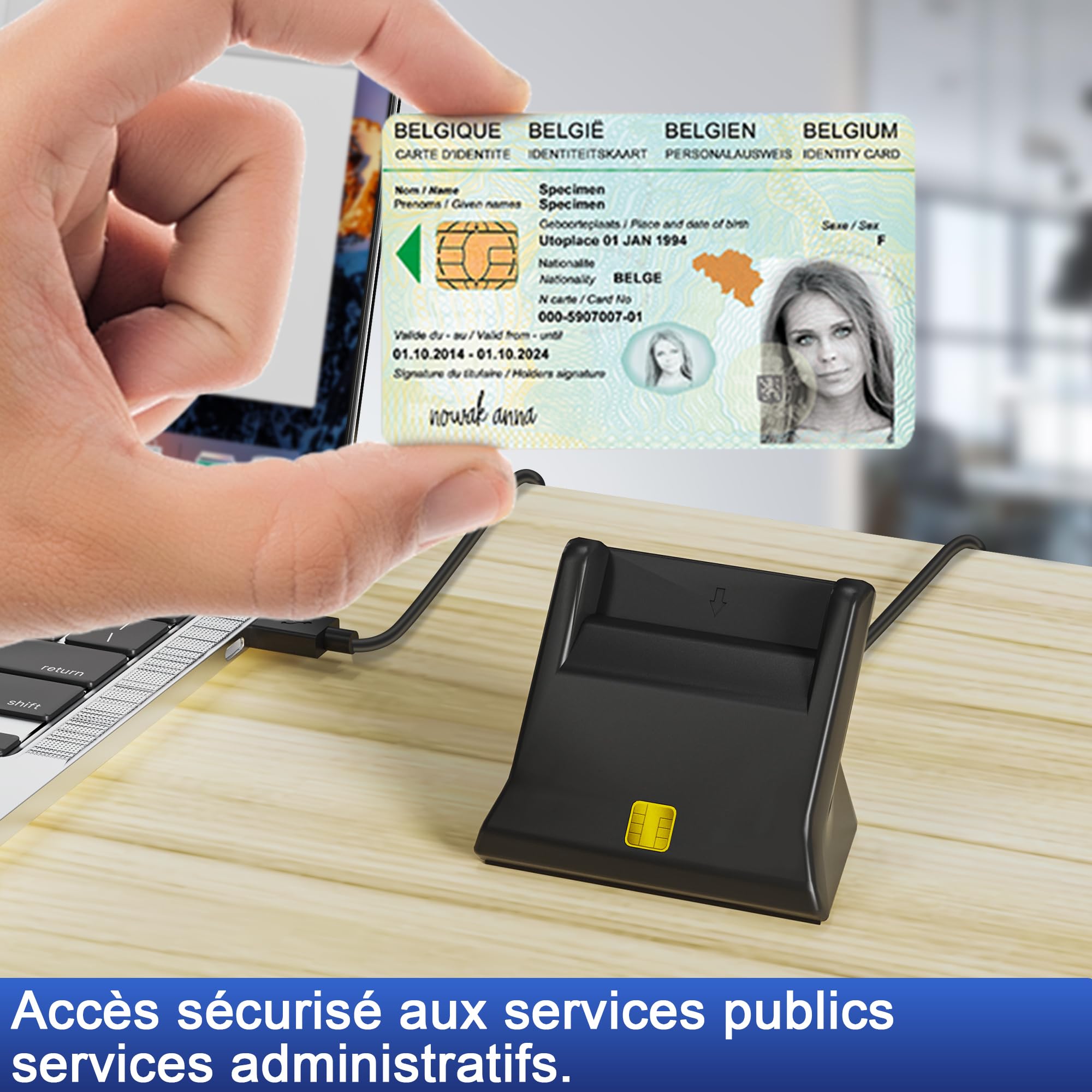 Lecteur Carte Identité Belge - ID Card Reader-Plug & Play-Conforme ISO 7816 Classe A,B,C, Câble de 50cm pour Identité Belge, Pas de Pilote nécessaire - LED de Contact