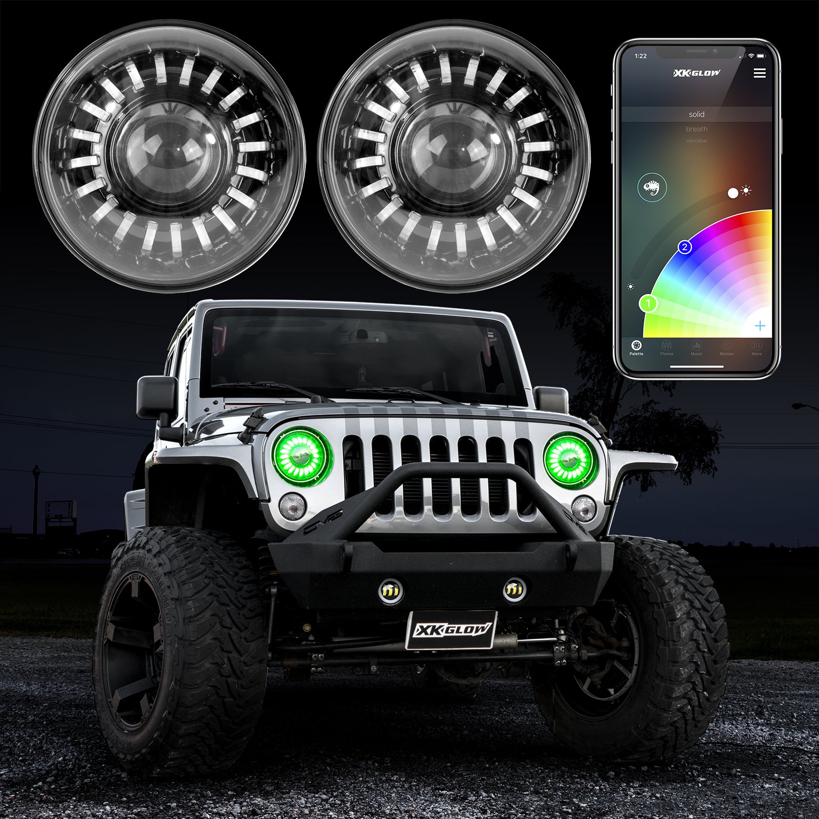 XKGLOW 2pc 7" RGB LED Headlight Kit with XKchrome Smartphone App-Enabled Bluetooth and Switchback Enabled with Amber Turn Signal + White Daytime Running Light