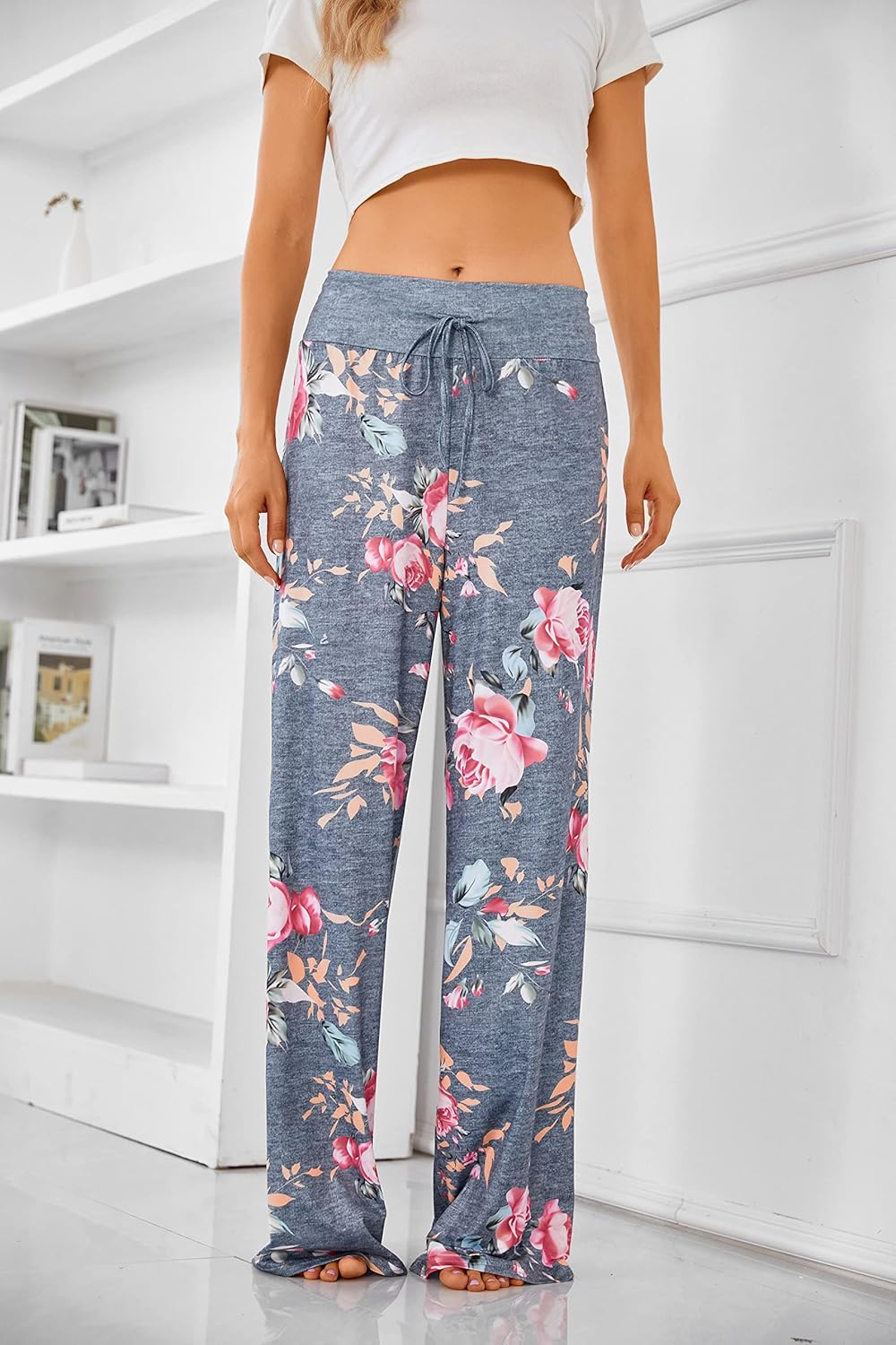 X-Image Women's Comfy Pajamas Drawstring Stretch Floral Print Long Wide Leg Lounge Pants - Image 3