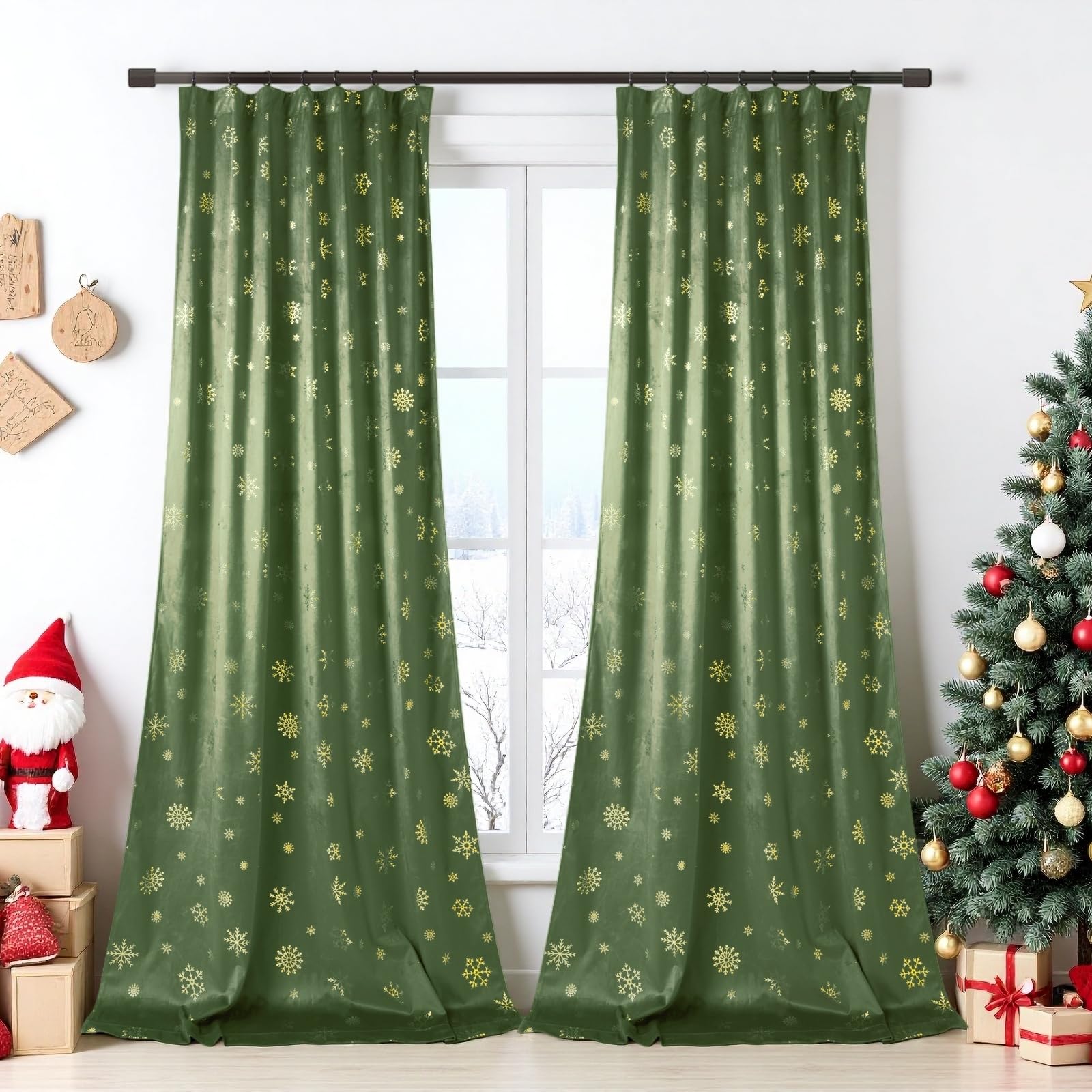 Rideaux en velours noble vert et or 214 cm de hauteur pour chambre