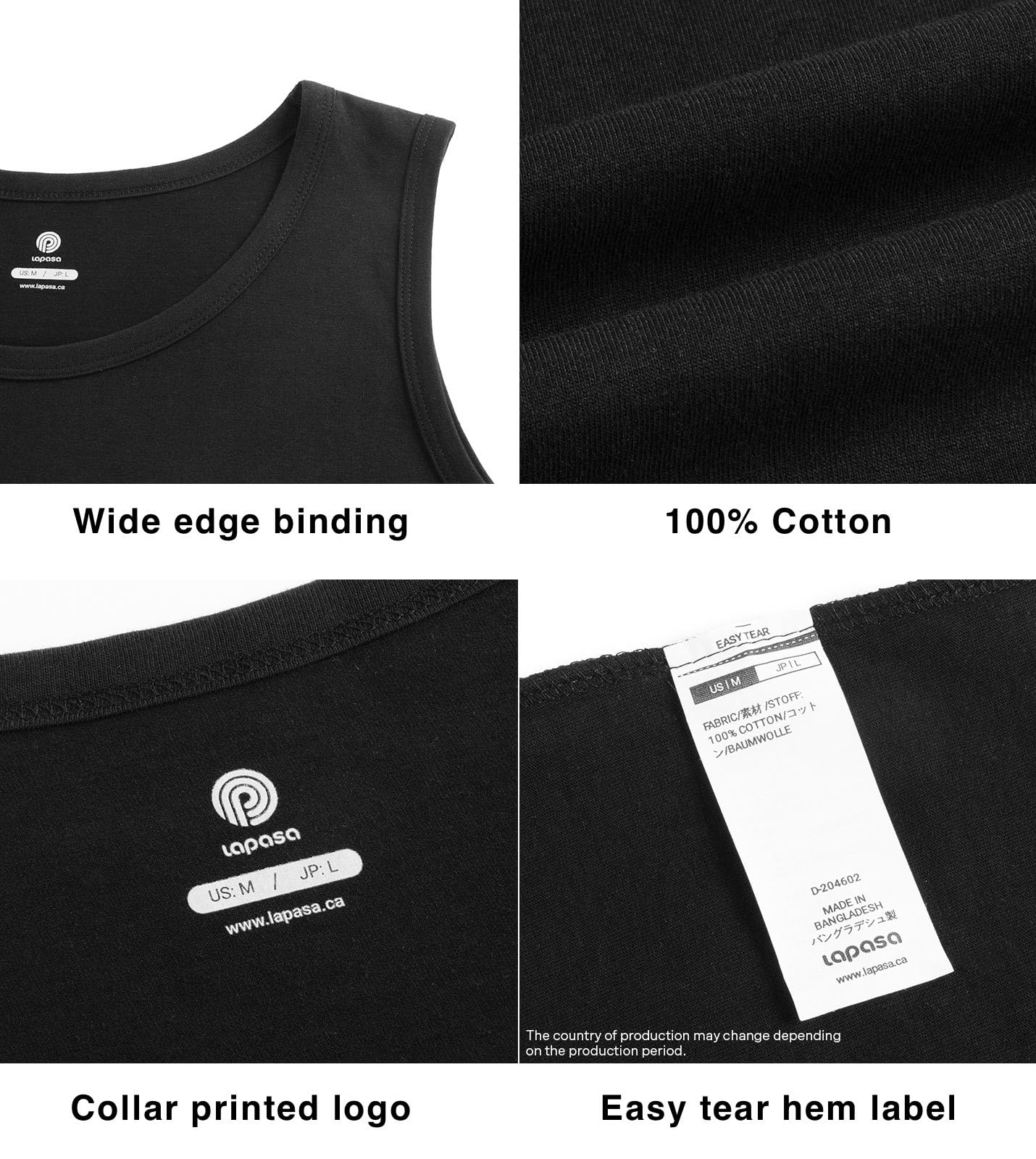 LAPASA Camiseta Tirante Hombre (Pack de 4) 100% Algodón Puro Ropa Interior sin Manga Masculino Tank Top Gym Deporte Ejercicio Gimnasio Verano Blanca Negra Gris M36