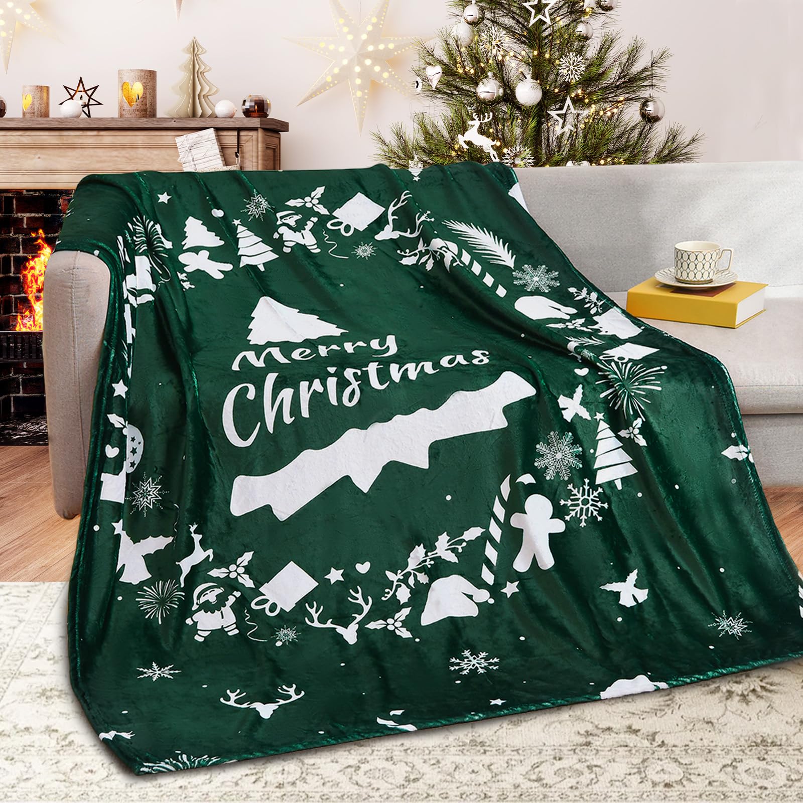 Exclusivo Mezcla Manta de Navidad Polar, Suave, Mullida y Ligera, para Sofá y Cama en Invierno, 130x150 cm, Corona Verde OEKO-TEX STANDARD 100