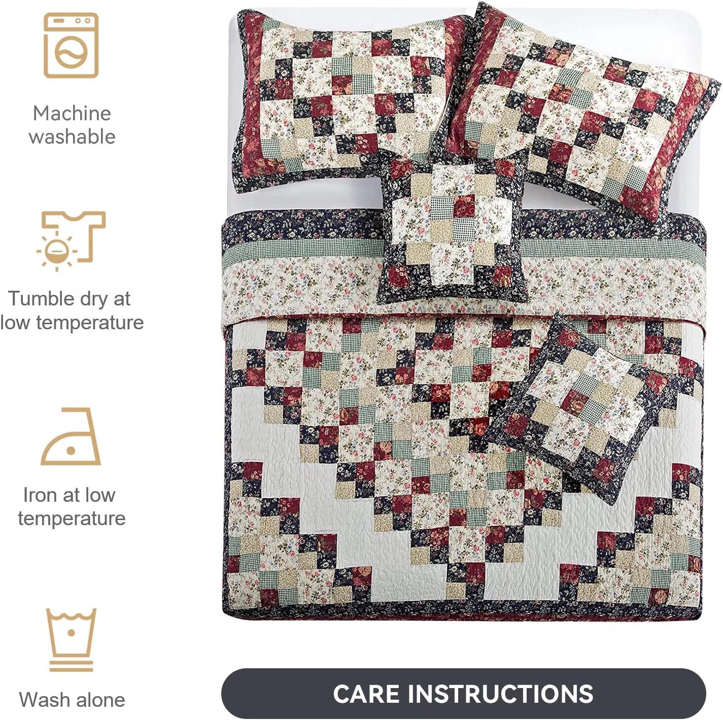 Genuine Patchwork Quilt Sets 100% Cotton California King Size Christmas Bedspread Reversible Vintage Plaid Red Floral Coverlet Bedding Sets 3 Piece - Image 5