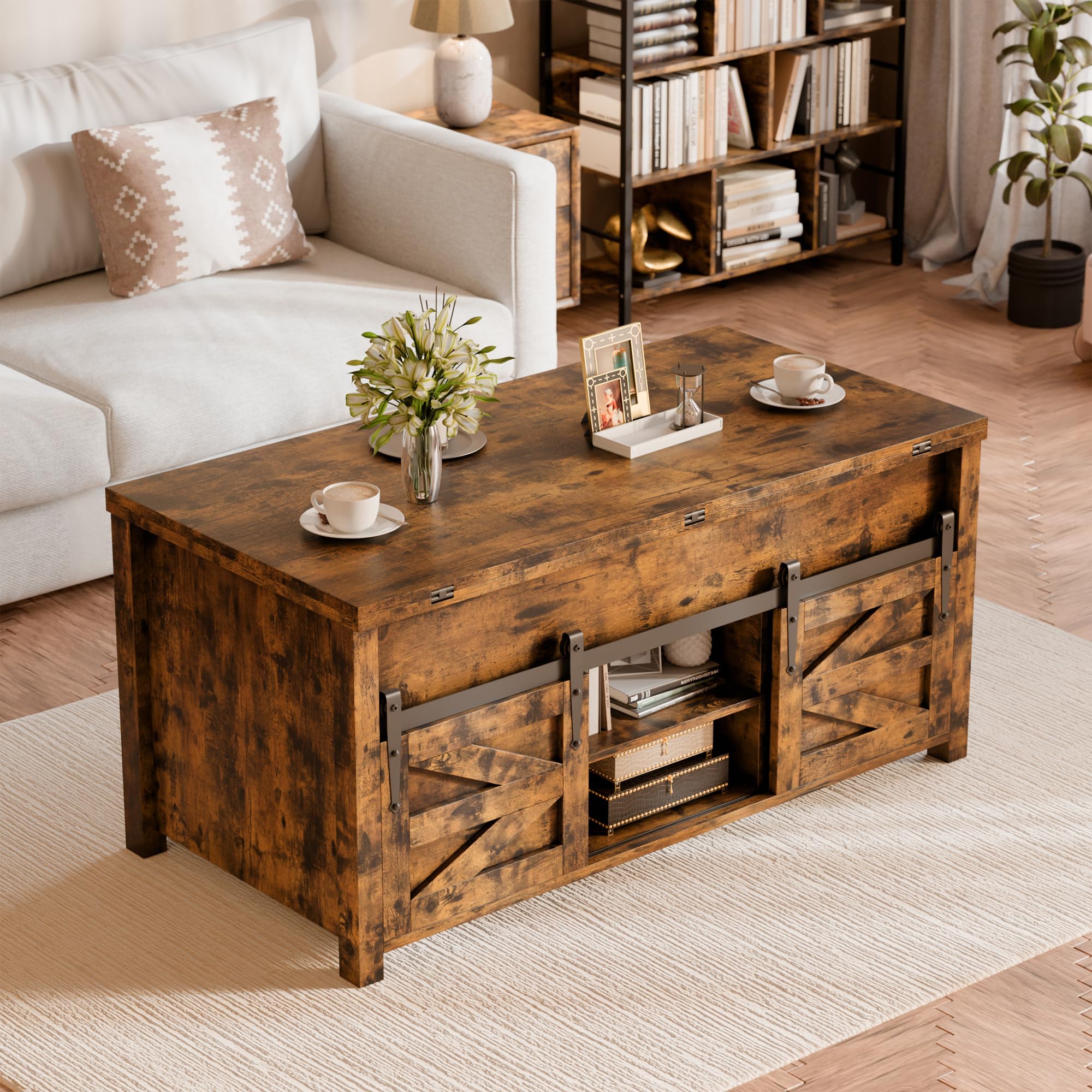 ELUCHANG Couchtisch Höhenverstellbar, 4 in 1 Wohnzimmertisch Umwandelbar in Wohnzimmer-Esstisch, Multifunktions mit Versteckter offenes Fach & Aufbewahrung,für Wohnzimmer/Büro/Esszimmer, Vintagebraun