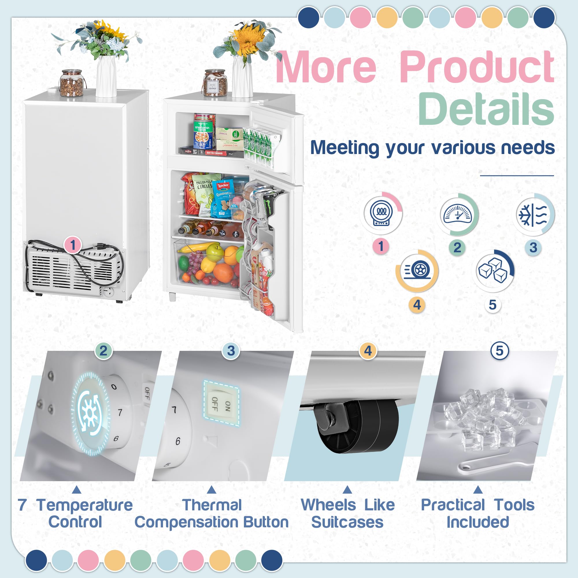 Double Door Refrigerator With Freezer, 3.5 Cu.Ft, Small Fridge With Freezer, 7 Settings Temperature Adjustable, Mini Refrigerator For Apartment Bedroom Dorm And Office (3.5 Cu.Ft, White) on Fridge.com - View 5