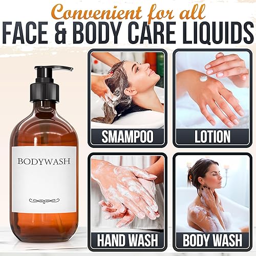 Miniatura 8 de Dispensador de jabón de plástico ámbar con bomba, juego de 3 botellas recargables de champú y acondicionador de 16 onzas, duradero y reutilizable